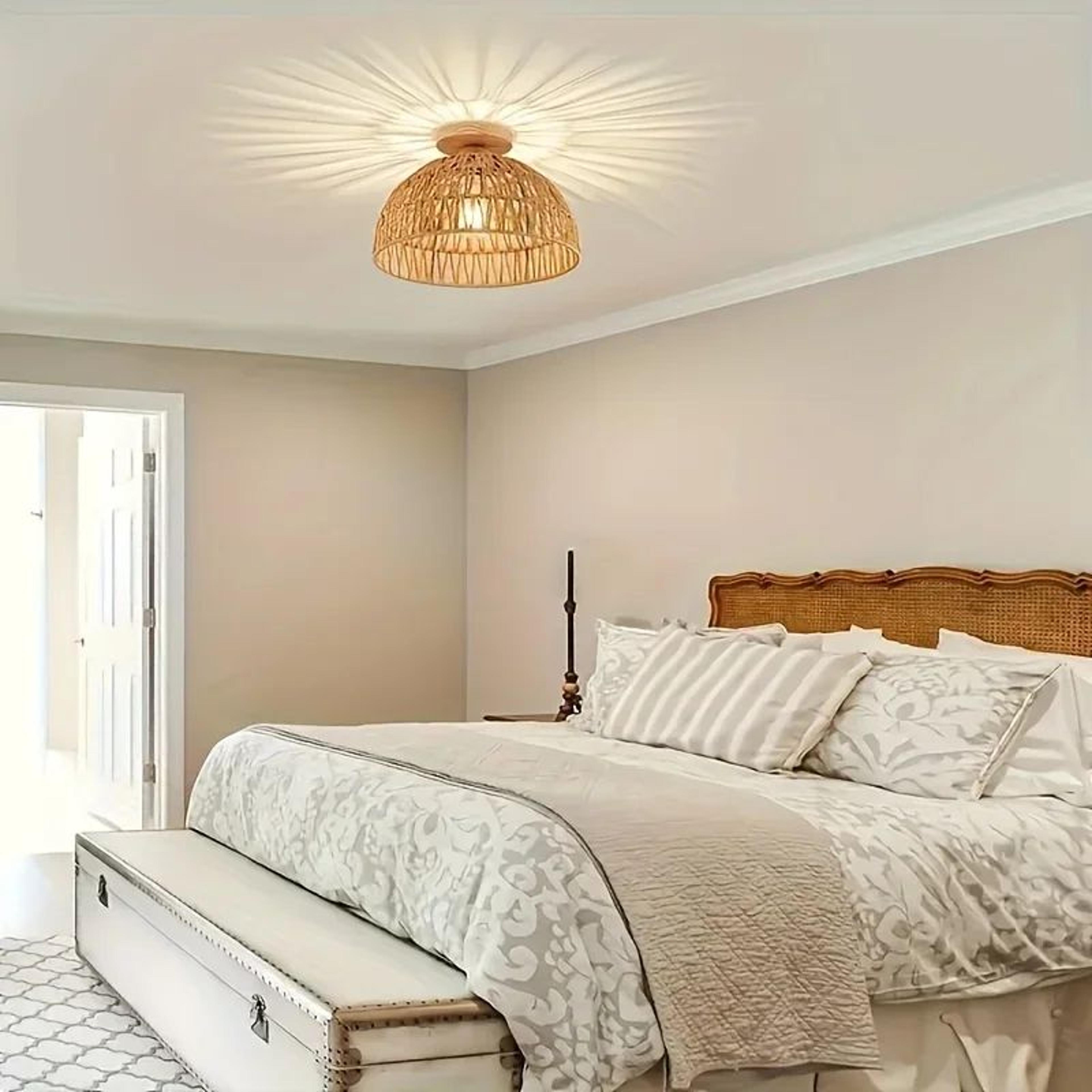 Handwoven Bohemian Ceiling Lamp  Bamboo Semi Flush Mount Fixture With E26 E27 Bulb Base For Natural