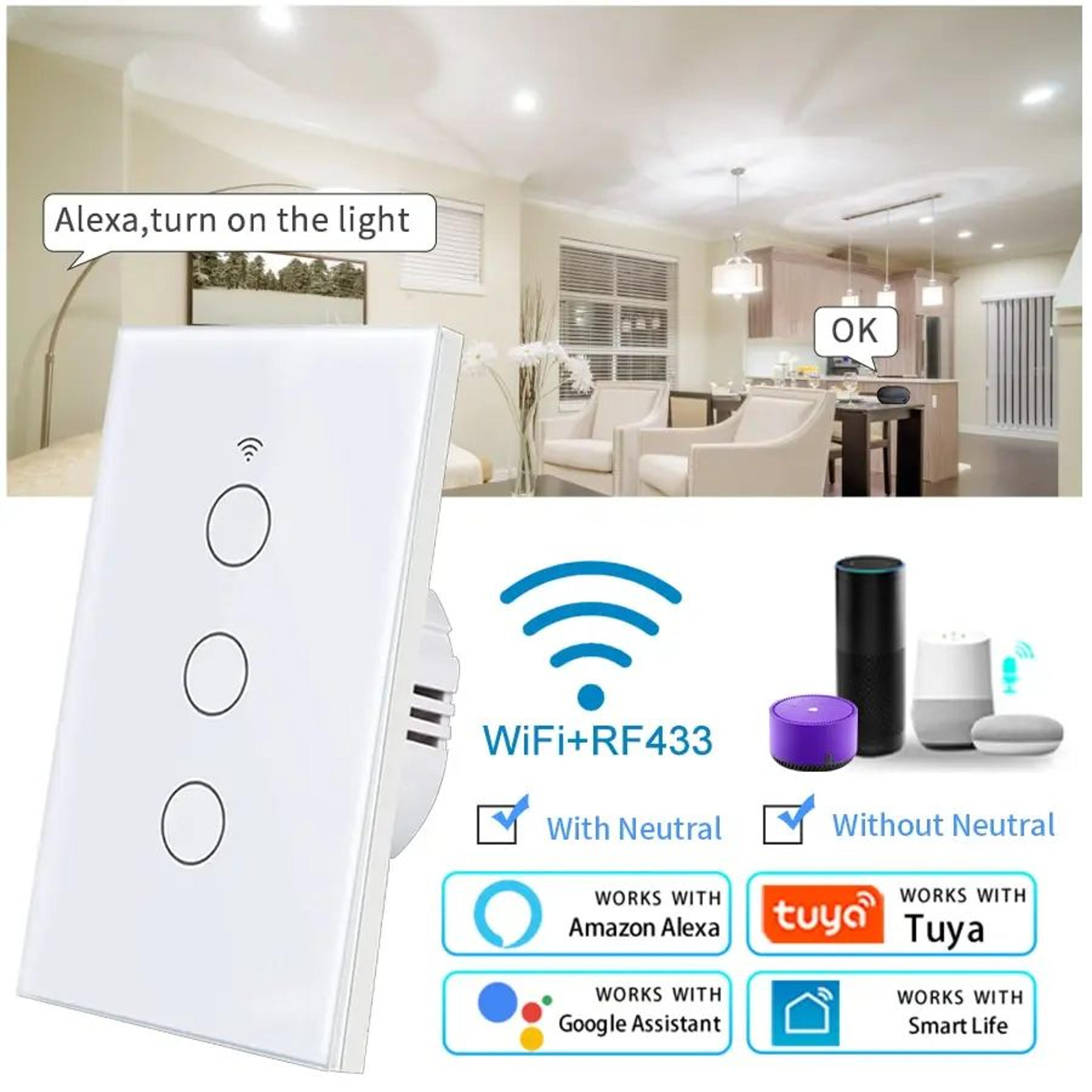 wifi smart touch light switch – us standard no neutral wall switch with voice, app & 433mhz rf control in 1 to 4 gangs