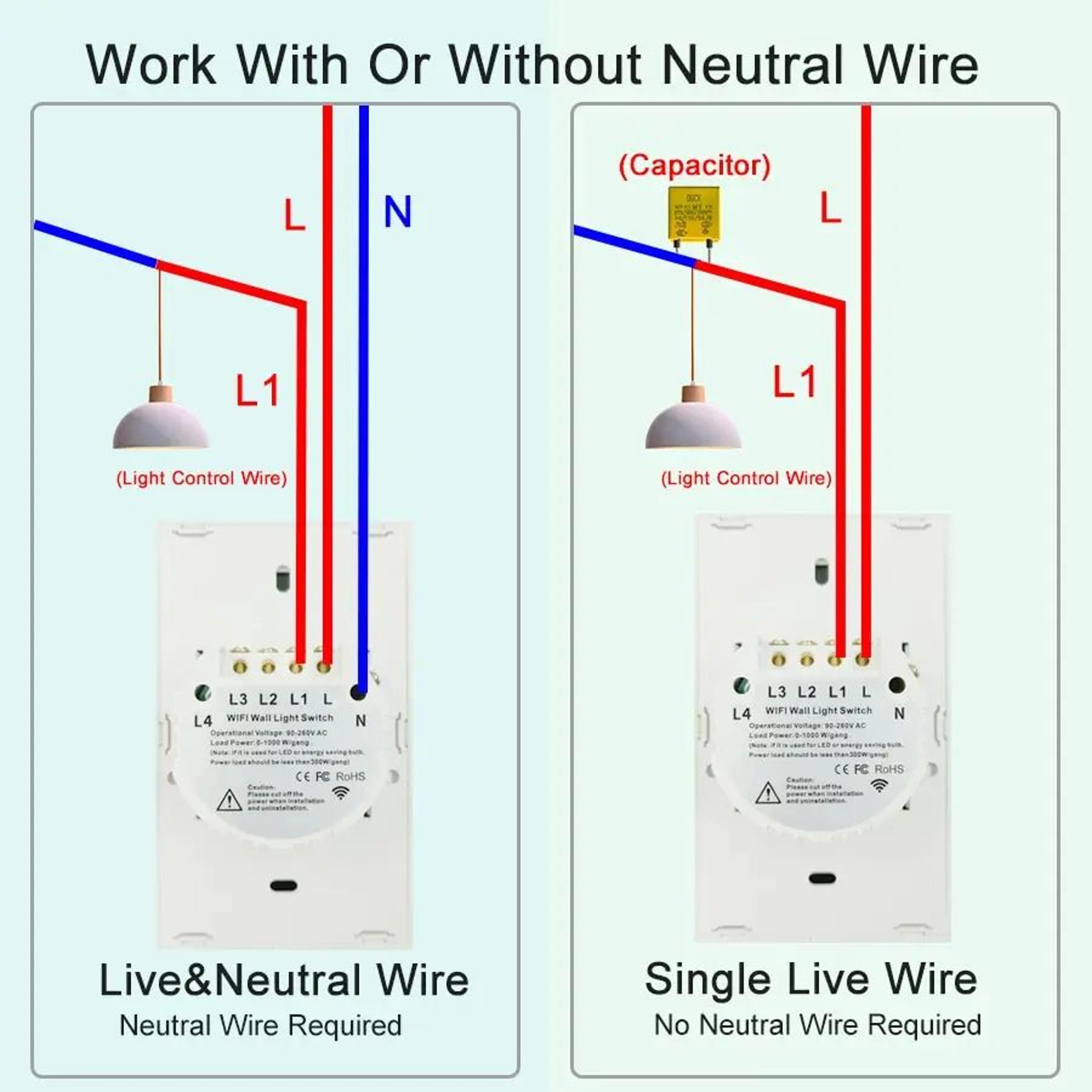 WiFi Smart Touch Light Switch  US Standard No Neutral Wall Switch With Voice App  433MHz RF Control 5