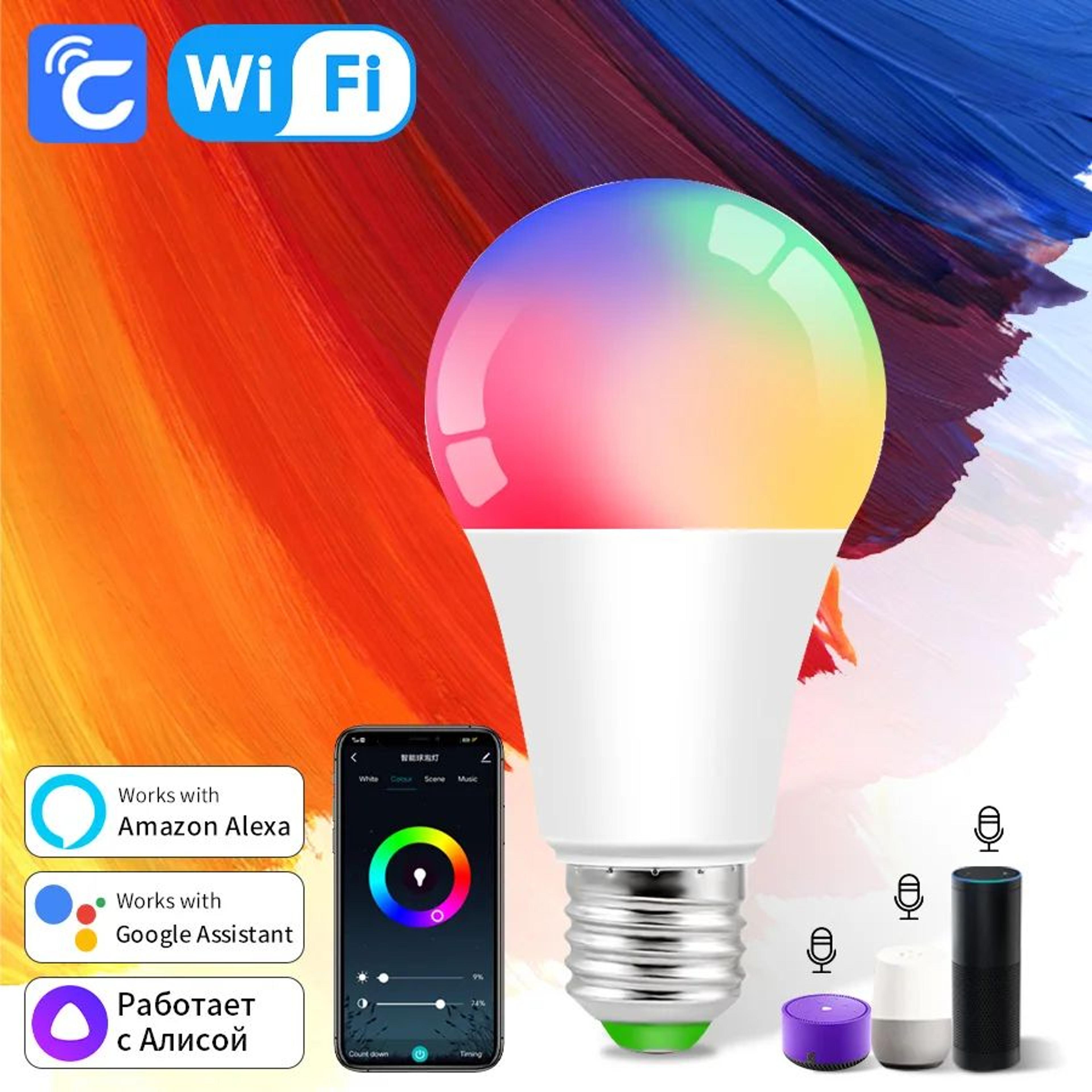 wifi smart e27 led bulb – dimmable rgb warm and cool white light with voice, app, timer & group control for home decor
