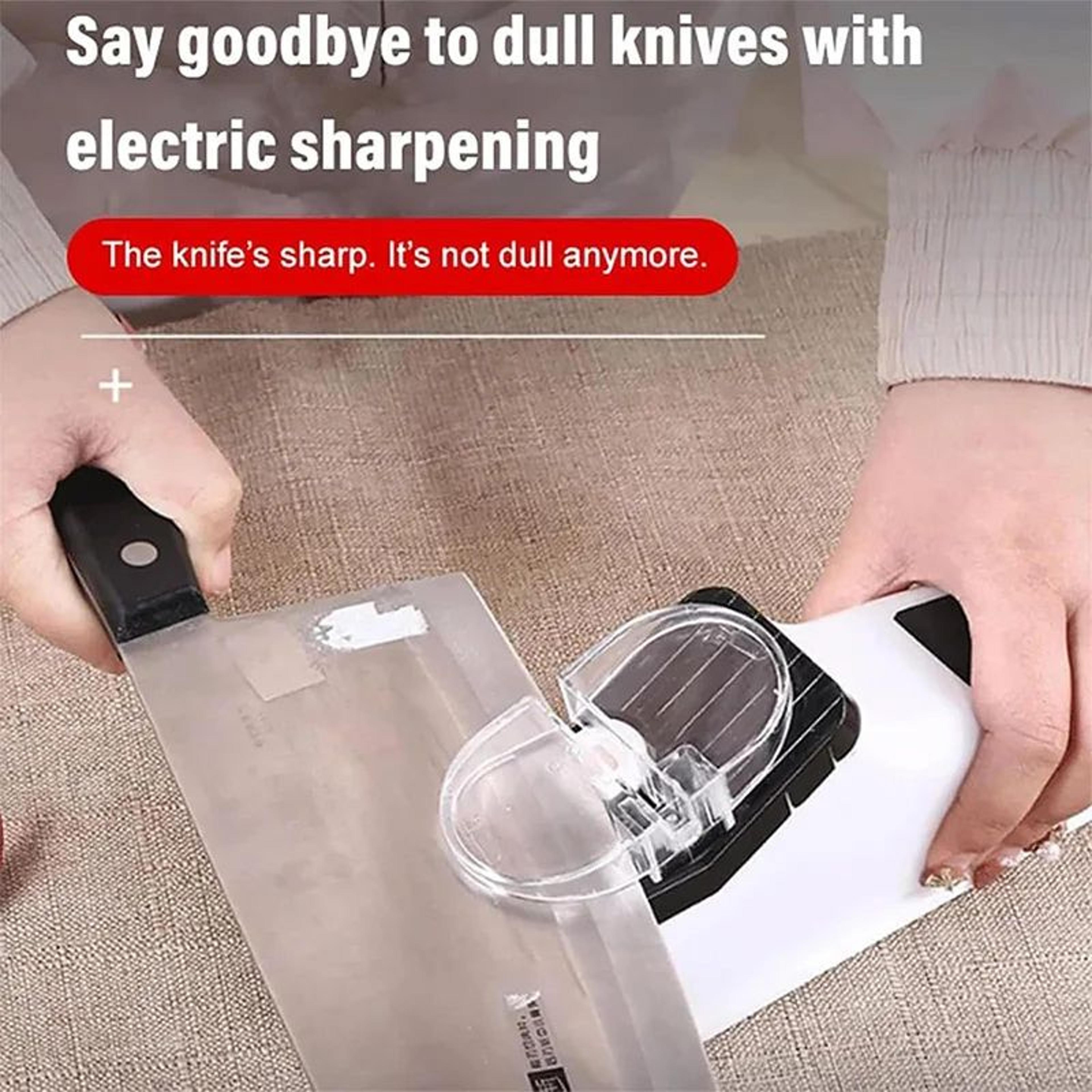 Closeup view of EdgeMaster Electric Knife Sharpener sharpening a utility knife