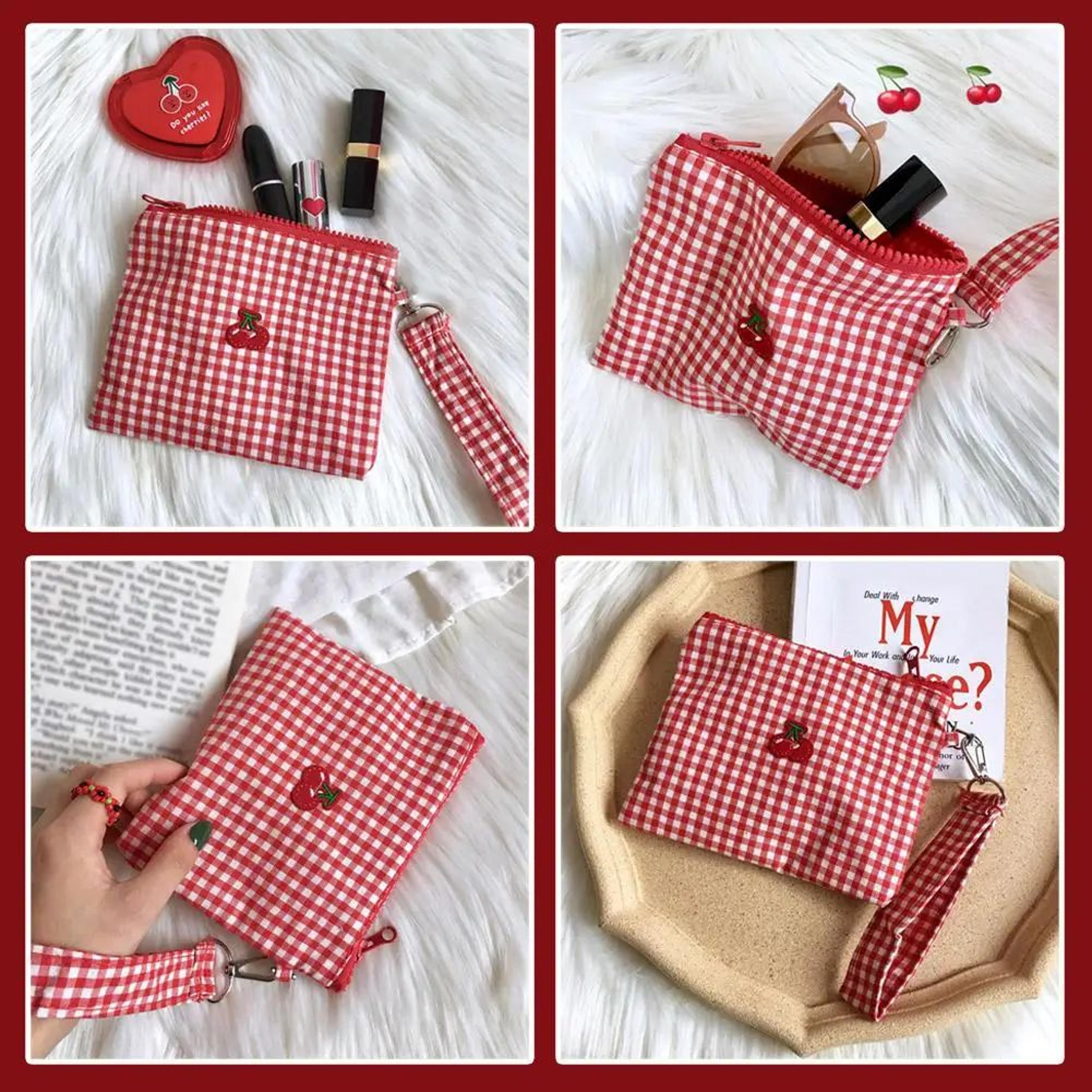 embroidered cherry canvas cosmetic bag