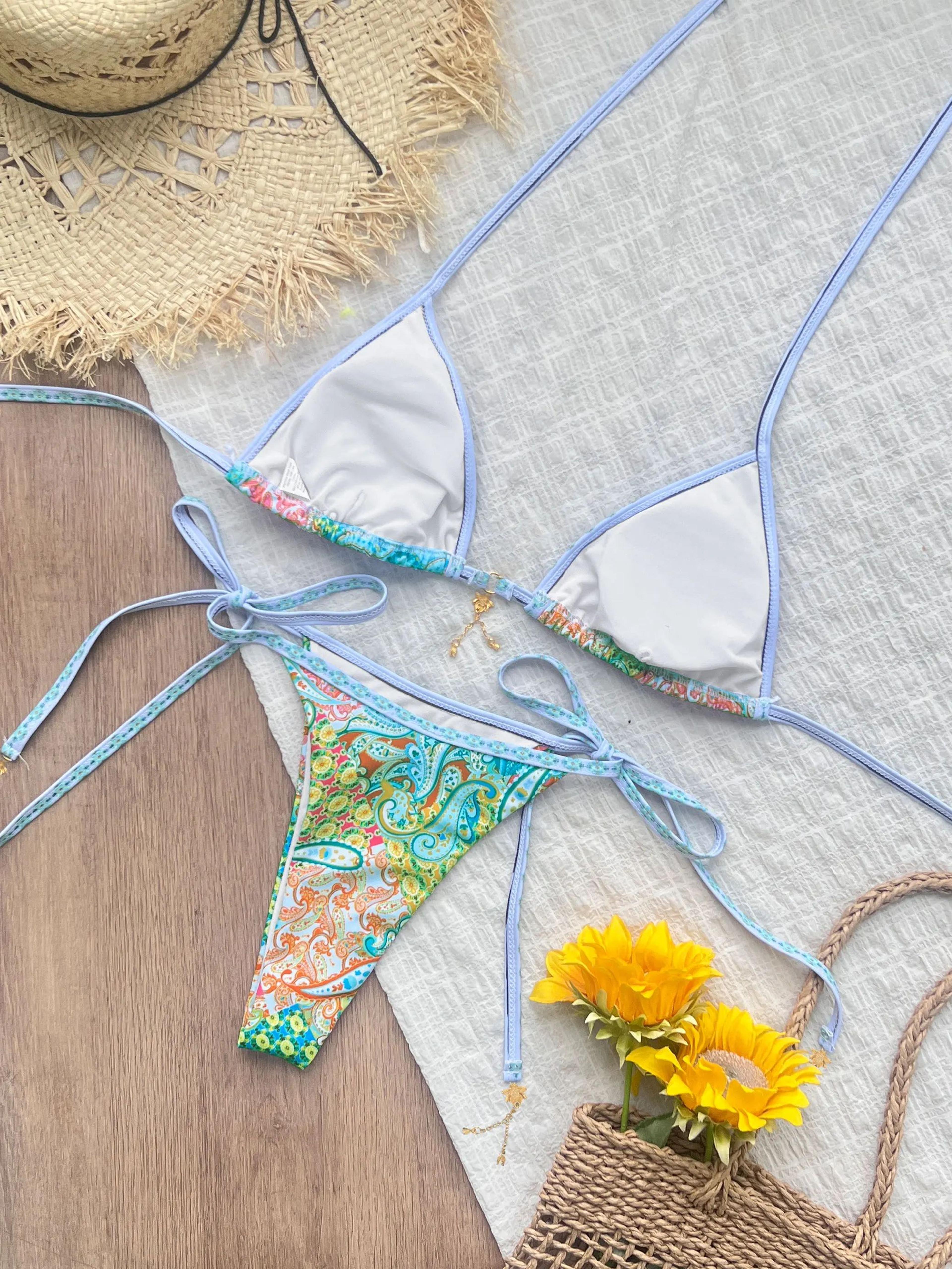 2025 Trend Triangle Striped Micro Bikini Set Women Sexy Swimwear 2