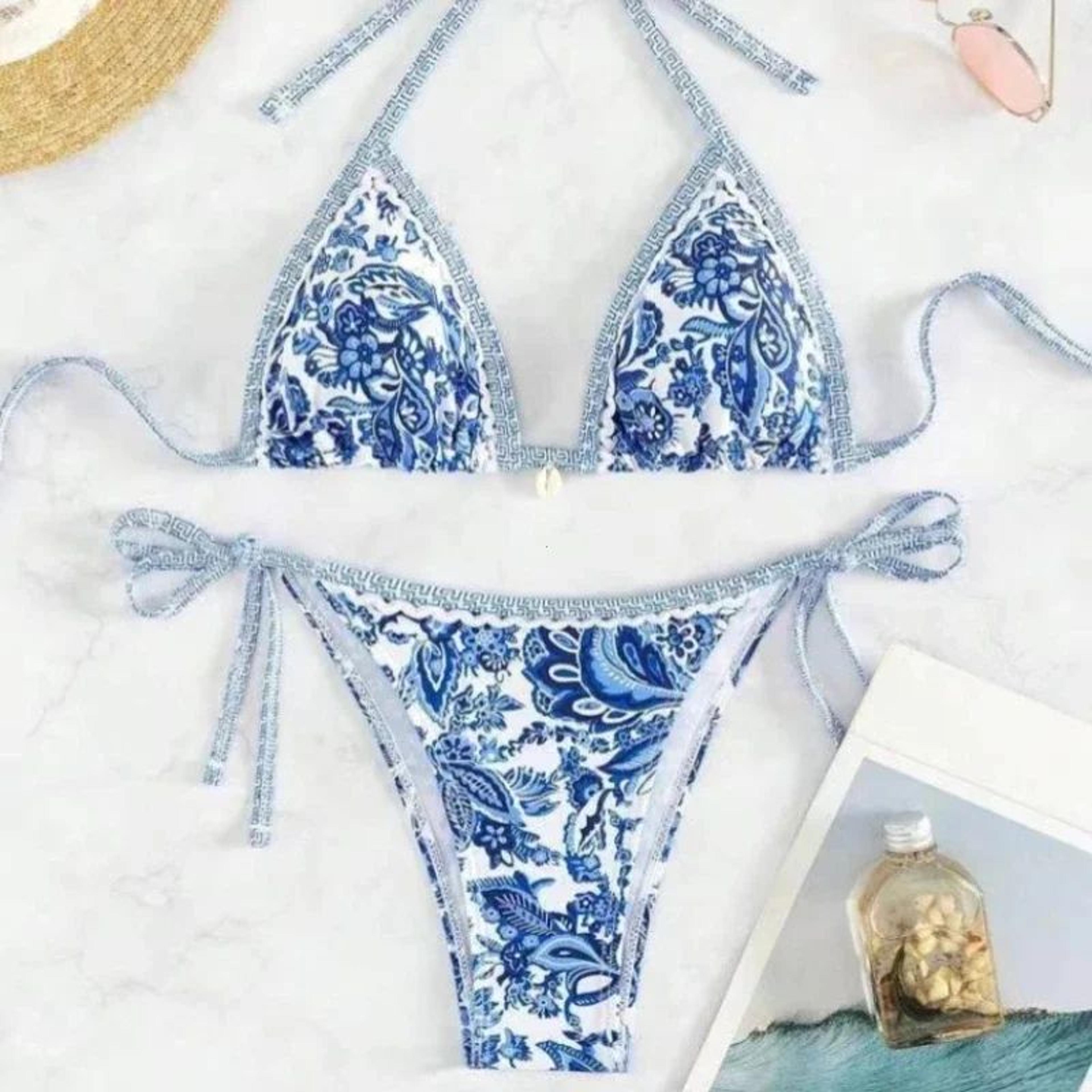 European American Printed Split Bikini Set Sexy Strap Swimsuit 6