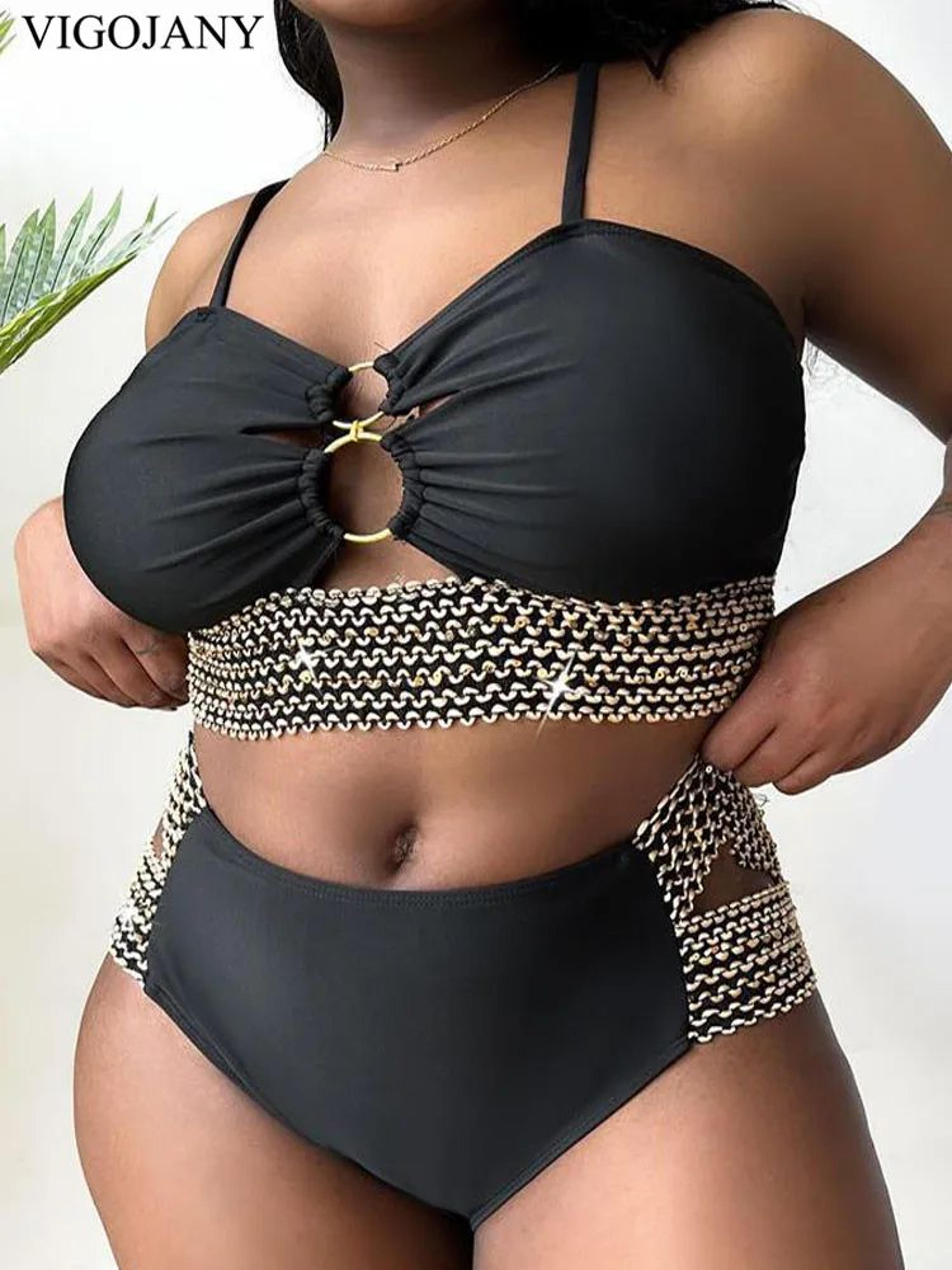 vigojany patchwork hollow plus size bikini set