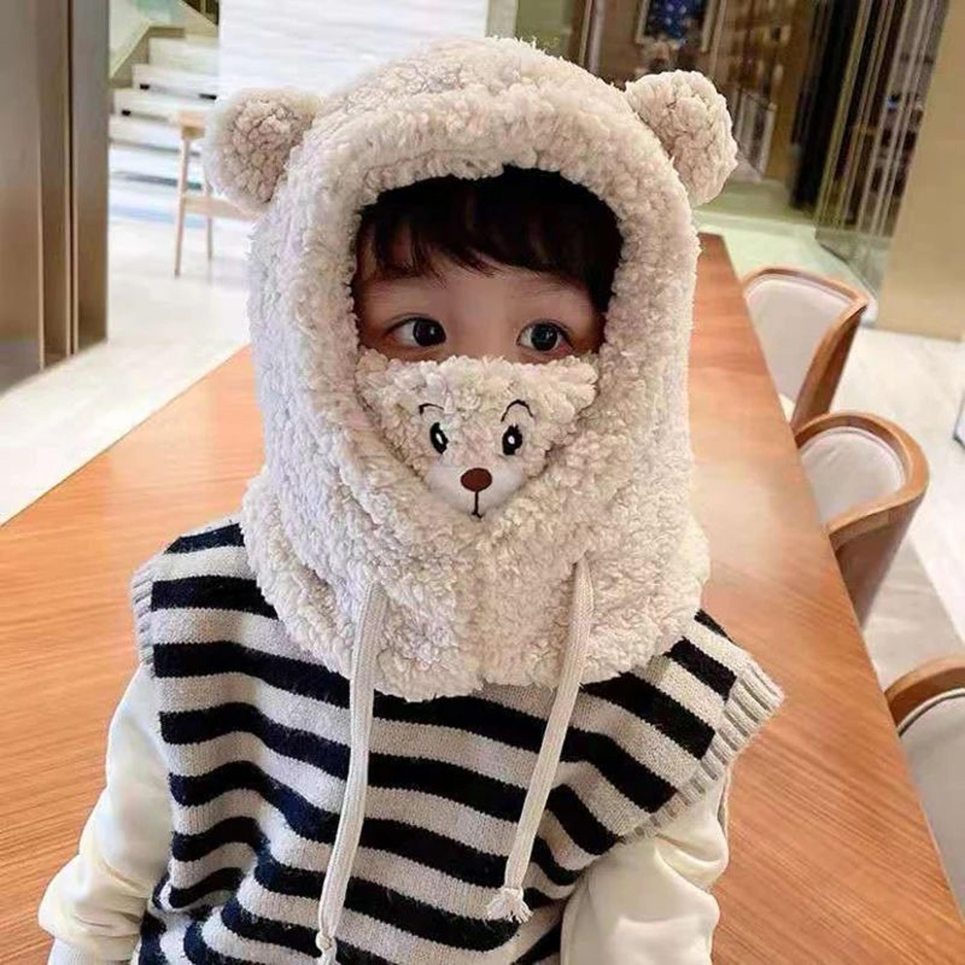 Plush Double Fleece Little Bear Winter Hat With Scarf For Kids 4