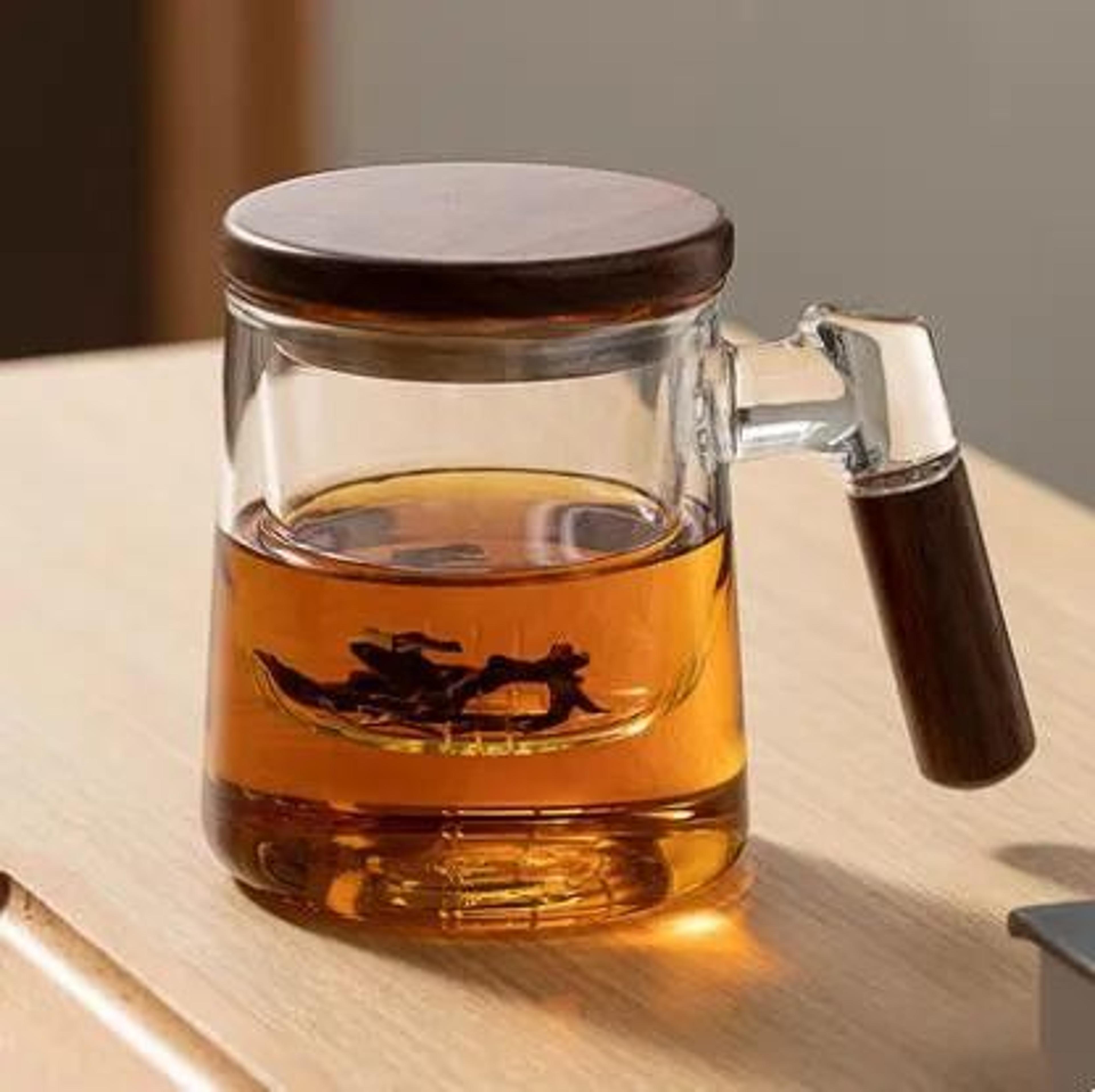 400ml Glass Tea Cup With Walnut Handle And Filter 11