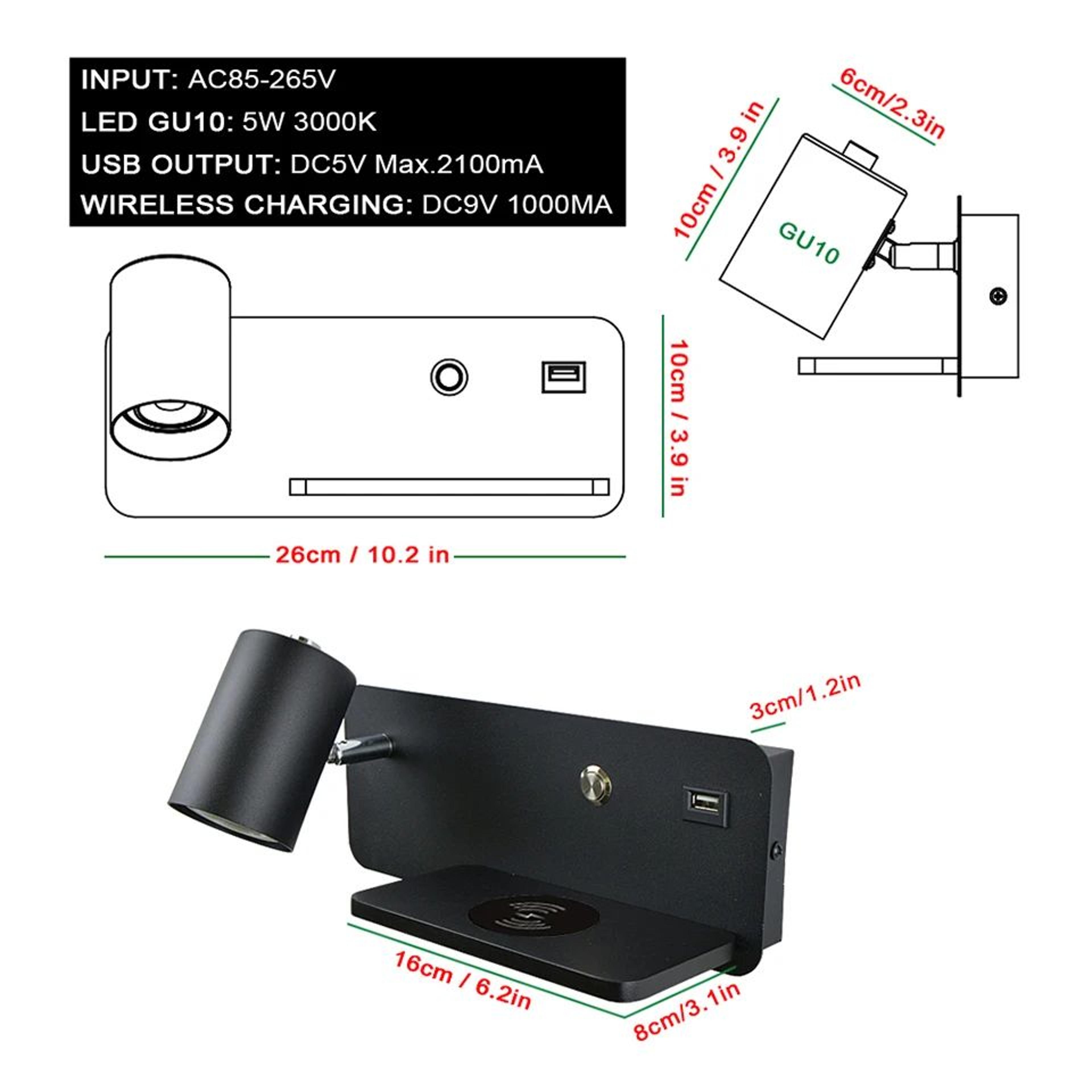 Nordic USB And Wireless Charging LED Wall Lamp 5 W 3