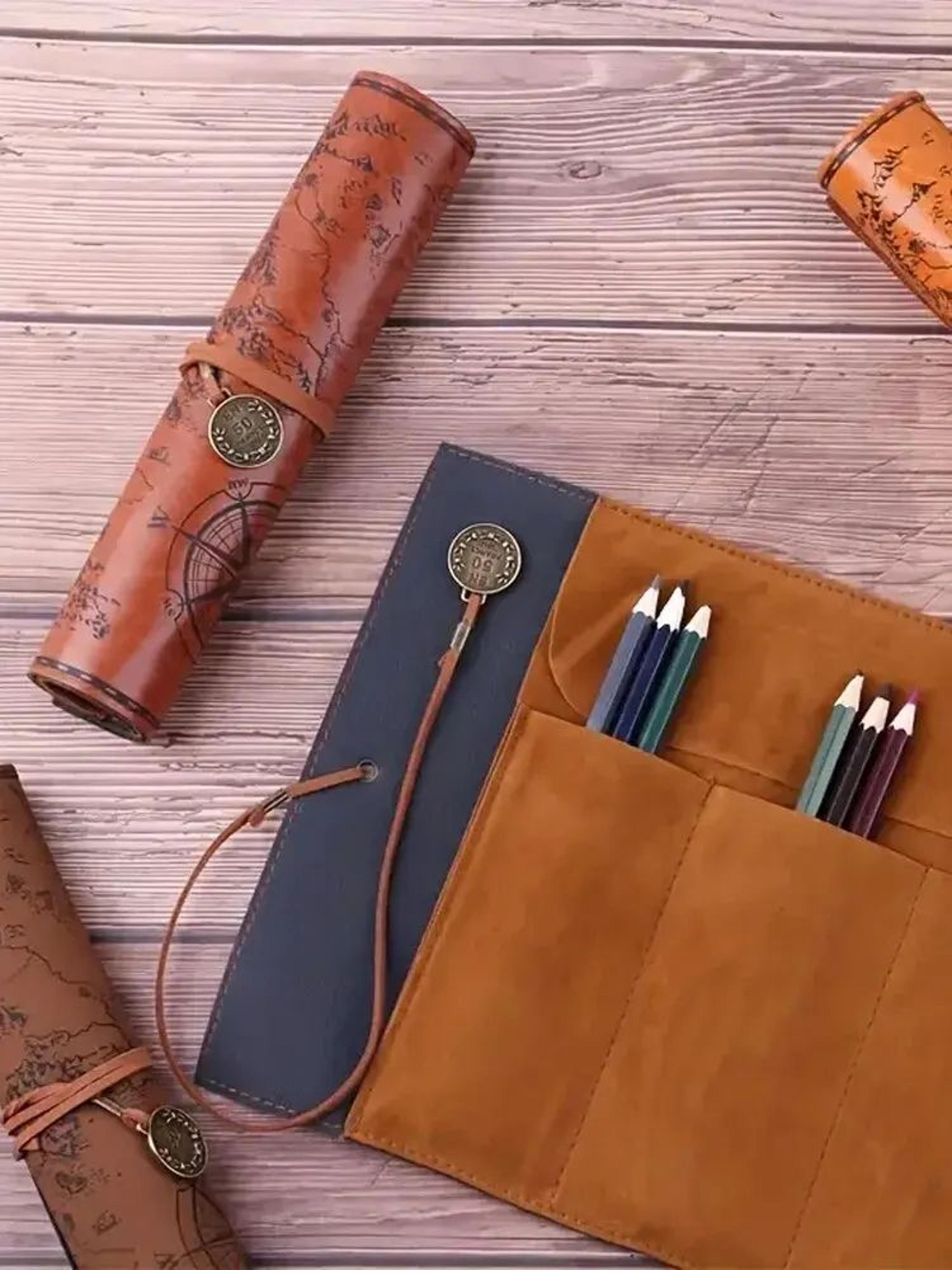 Retro Leather Roll Pencil Case Large Capacity Organizer 2