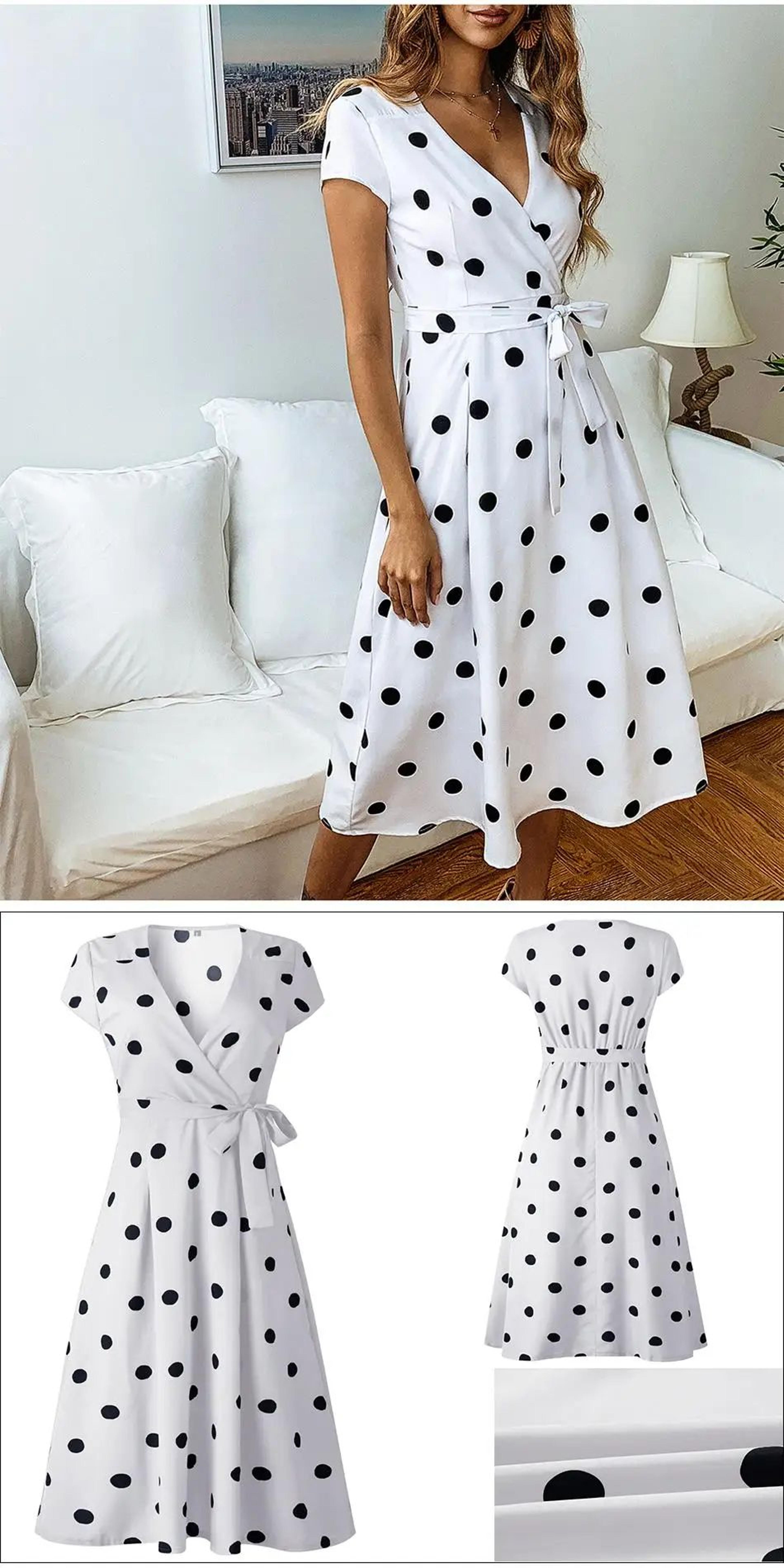 Women White Boho Polka Dot V Neck Summer Maxi Dress 4