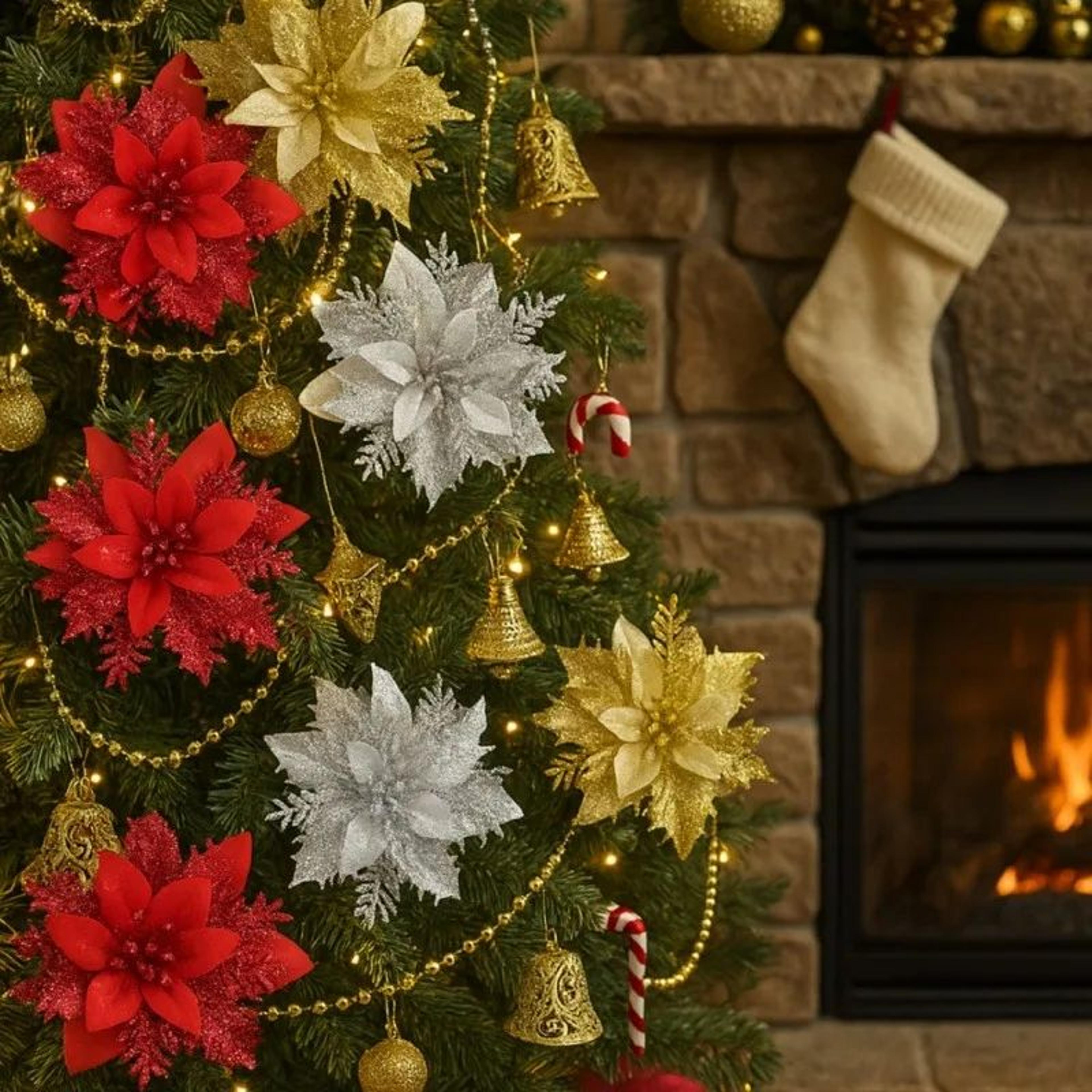 Glitter Artificial Poinsettia Christmas Tree Flower Ornaments 2