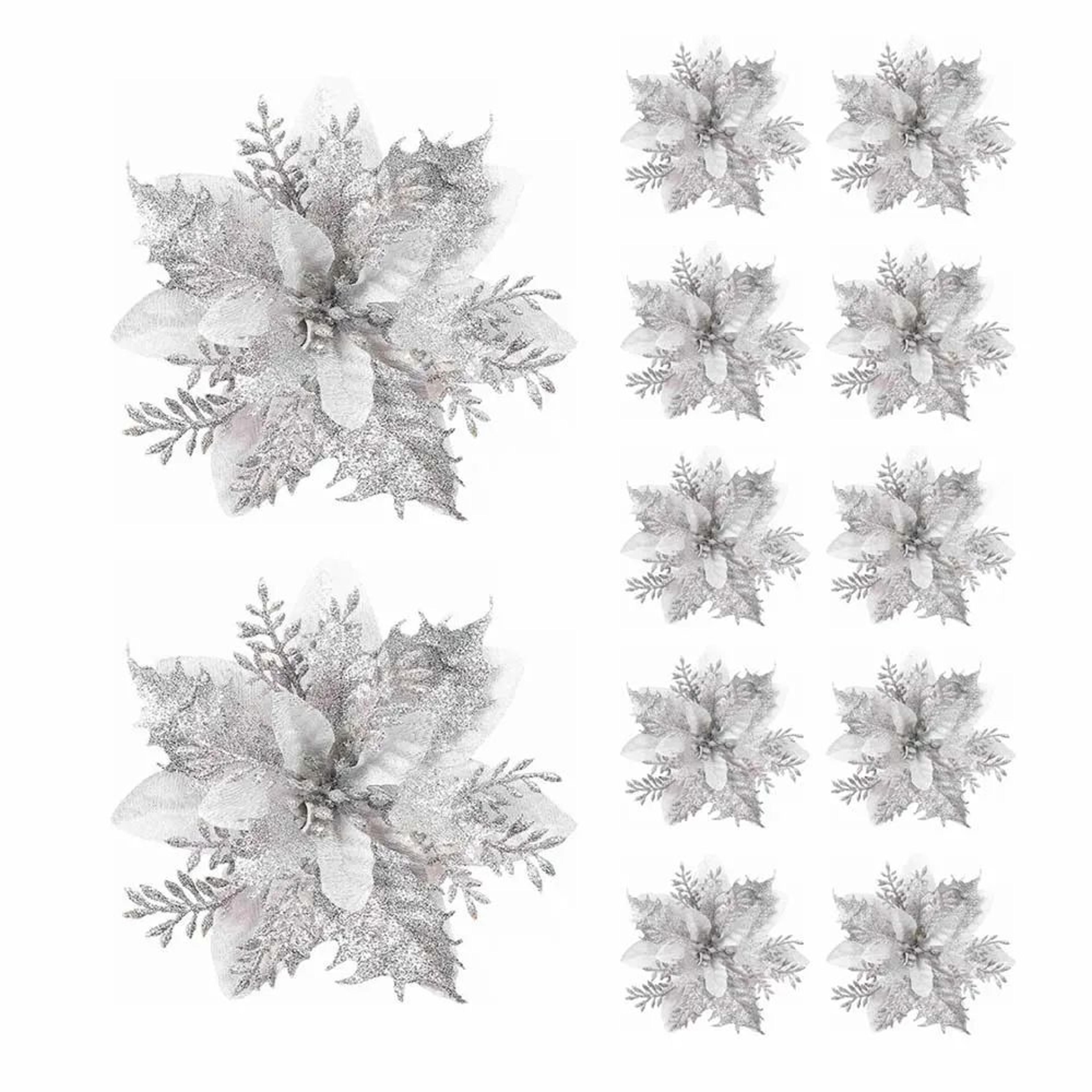 Glitter Artificial Poinsettia Christmas Tree Flower Ornaments 8