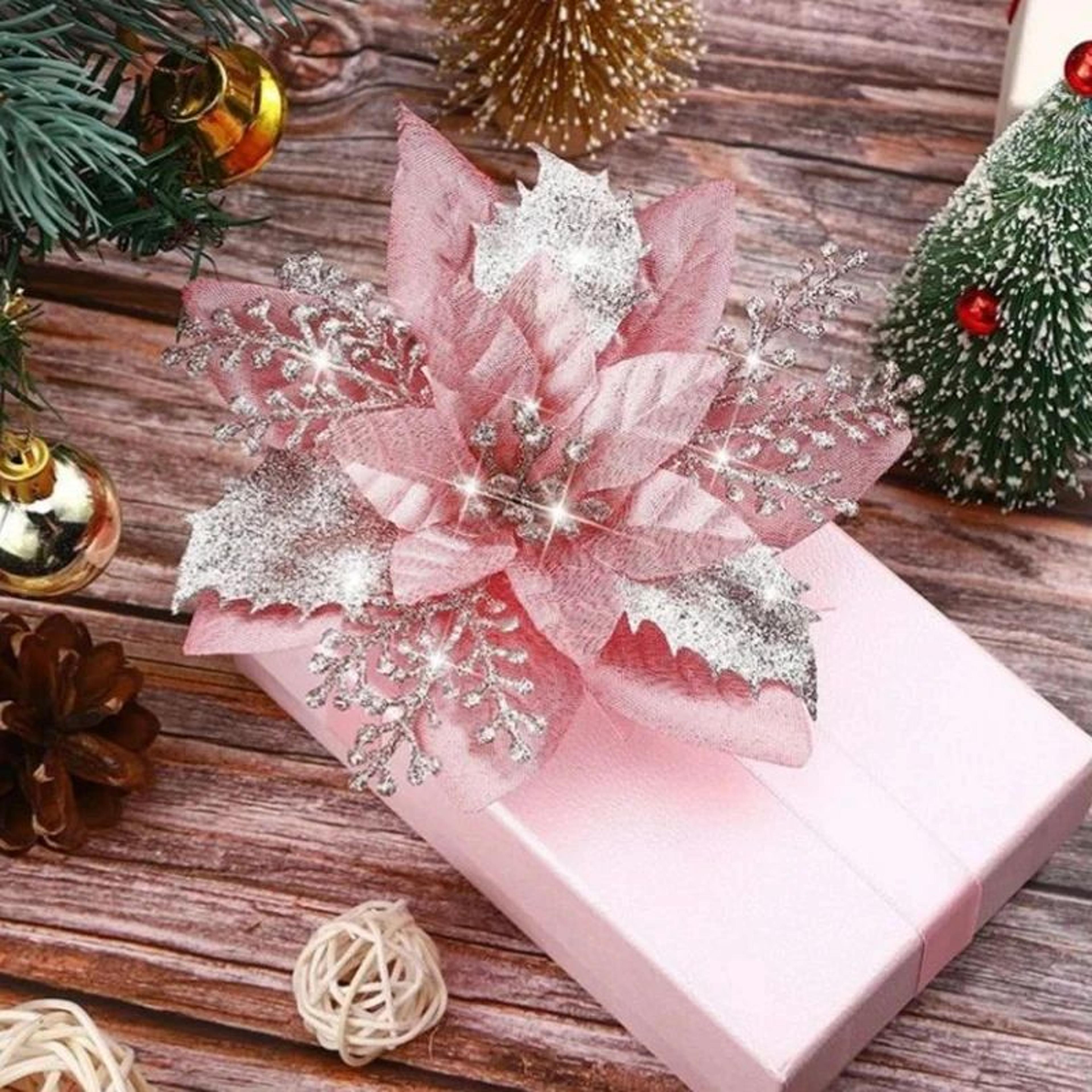 Glitter Pink Poinsettia Christmas Tree Flowers Set 5pcs 9