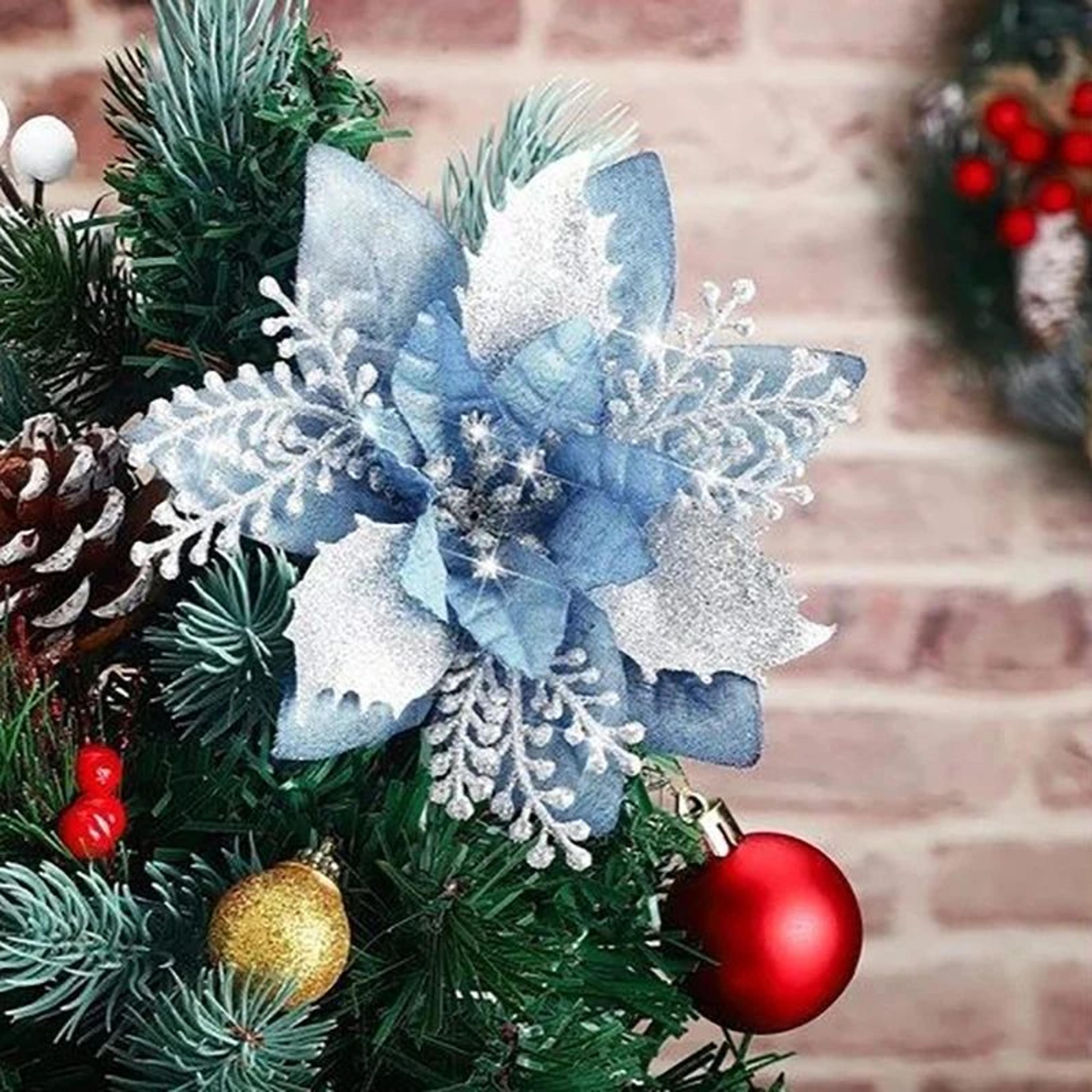 Glitter Pink Poinsettia Christmas Tree Flowers Set 5pcs 10
