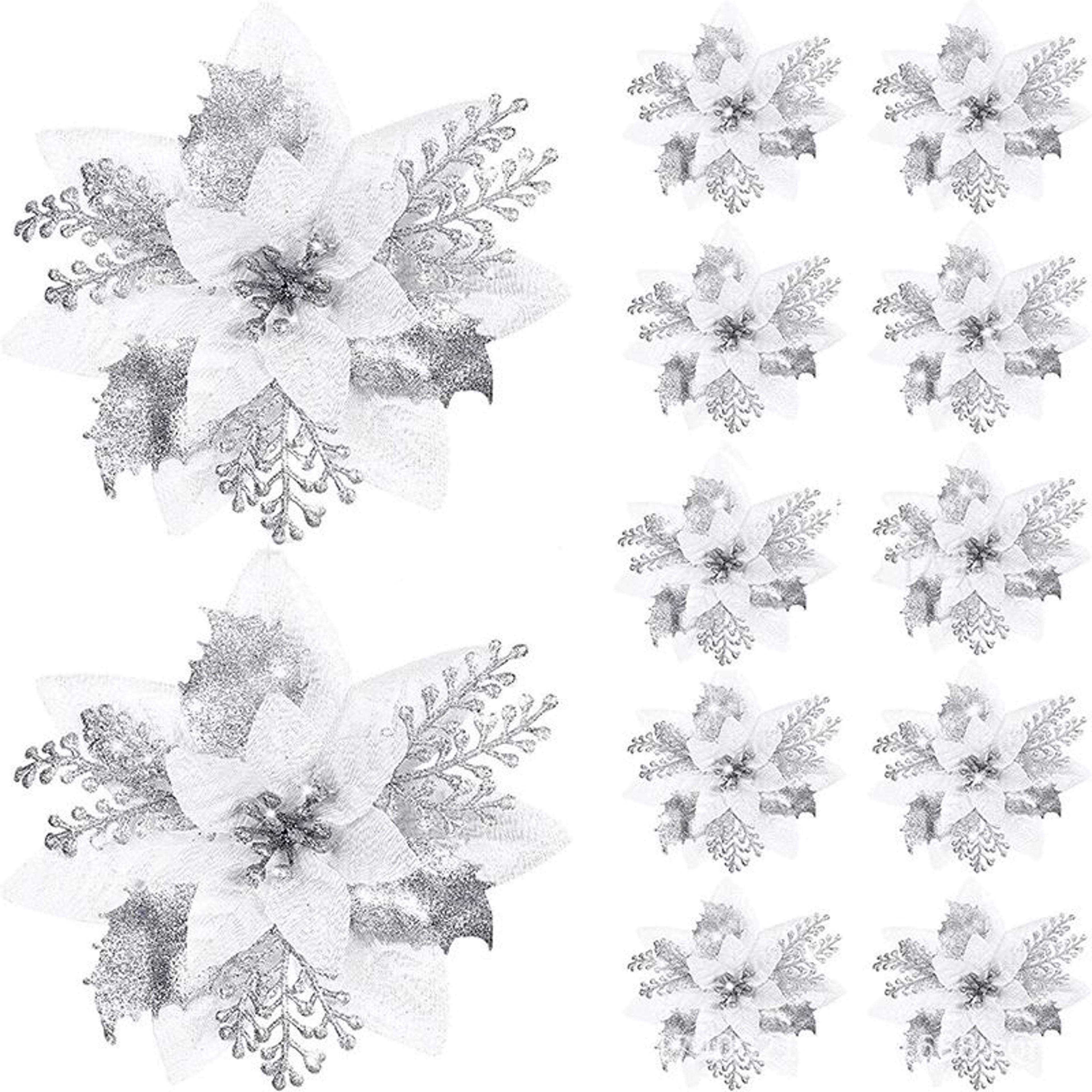 Glitter Pink Poinsettia Christmas Tree Flowers Set 5pcs 16