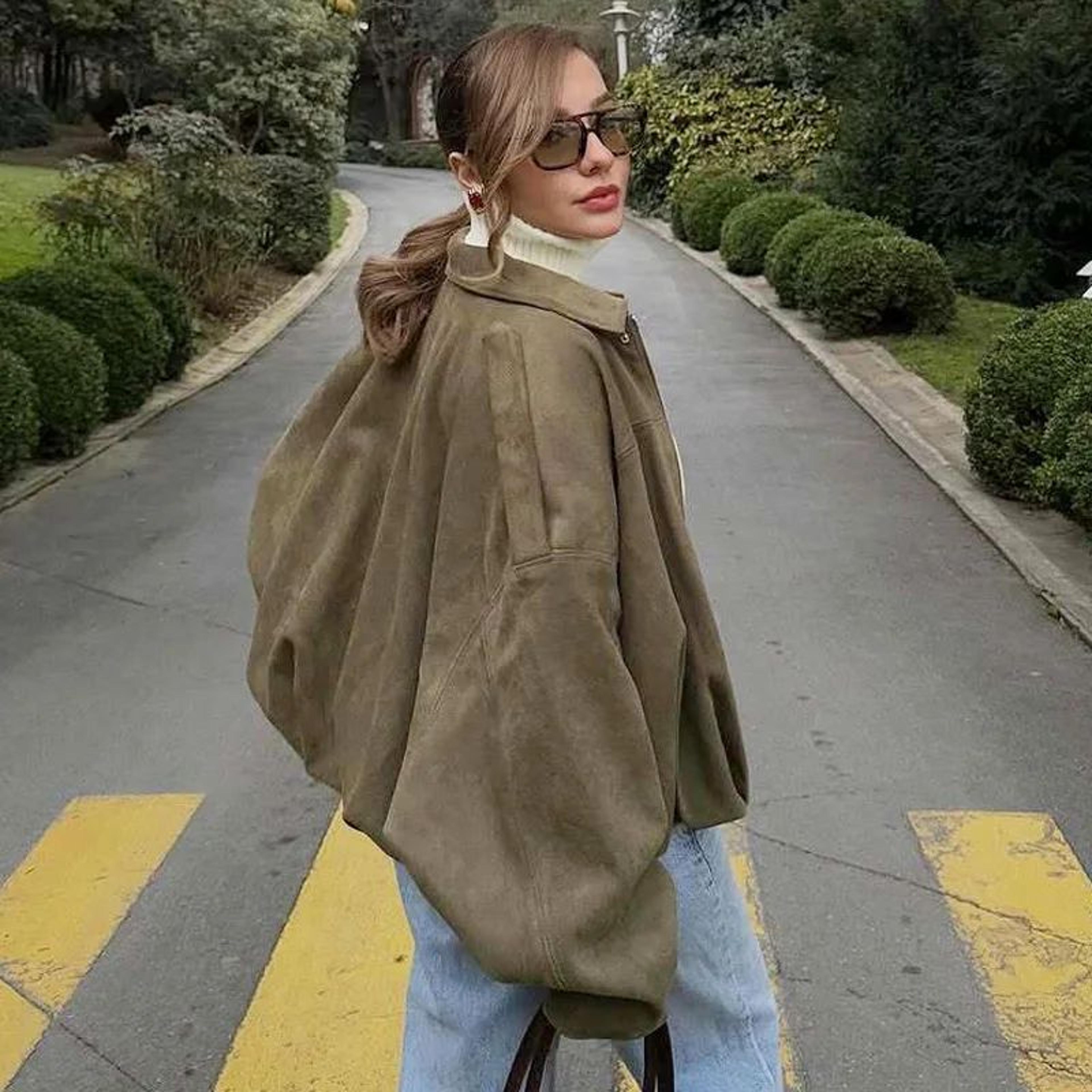 HXAO Cropped Suede Bomber Jacket Women Lapel Zipper Racing Coat 6