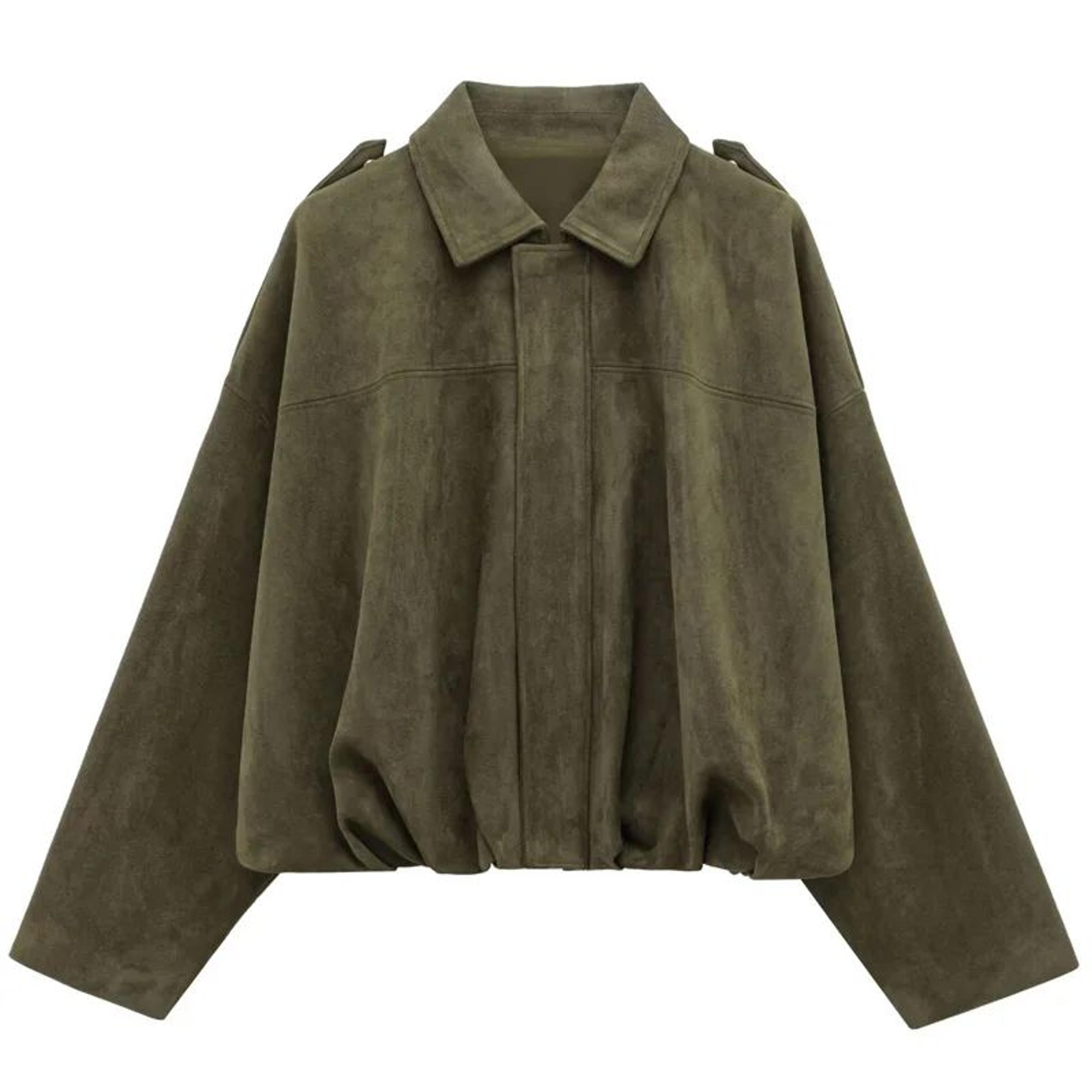 HXAO Cropped Suede Bomber Jacket Women Lapel Zipper Racing Coat 20