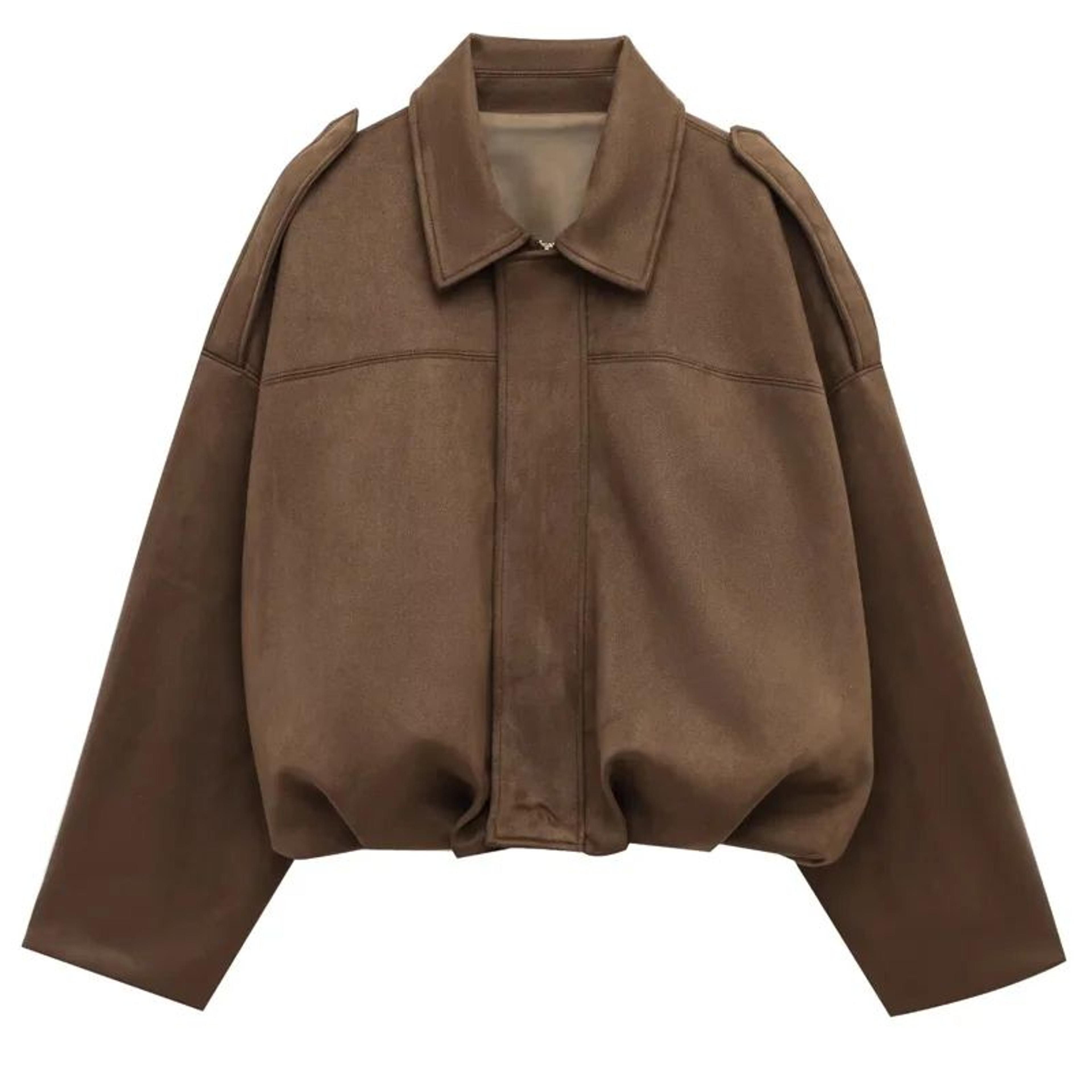HXAO Cropped Suede Bomber Jacket Women Lapel Zipper Racing Coat 21