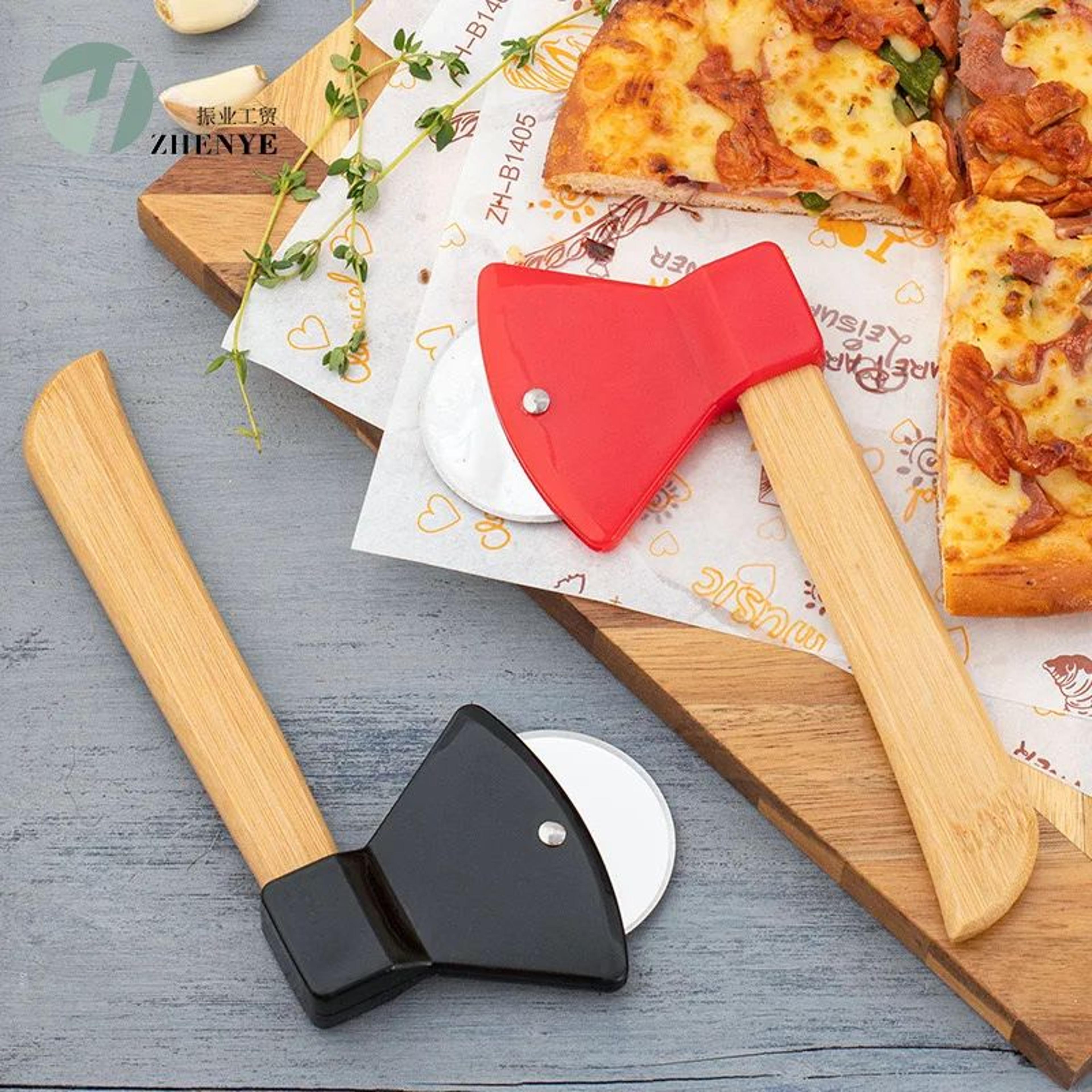 stainless steel pizza cutter wheel with bamboo handle sharp rotary blade