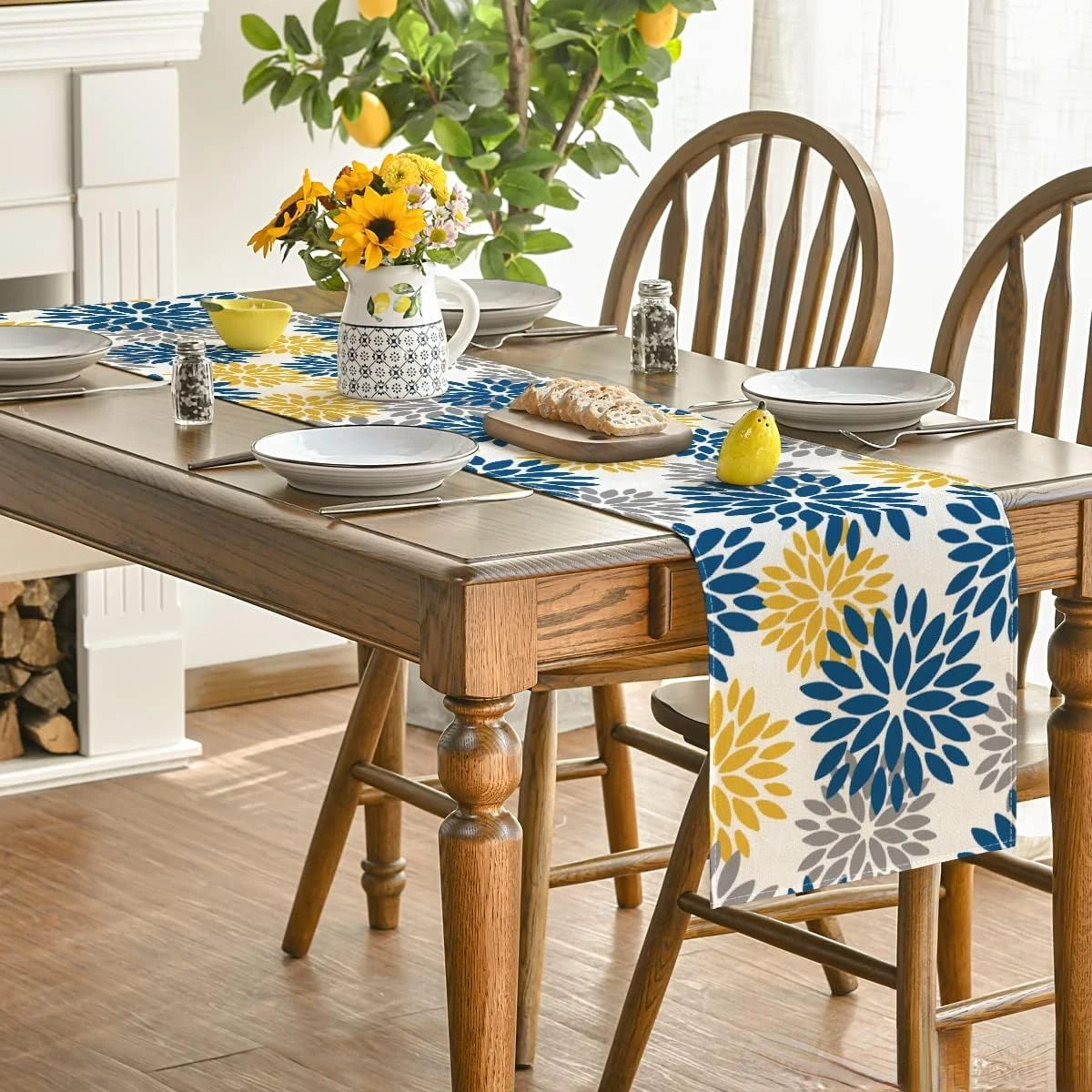 Blue Dahlia Floral Linen Table Runner Decor 2