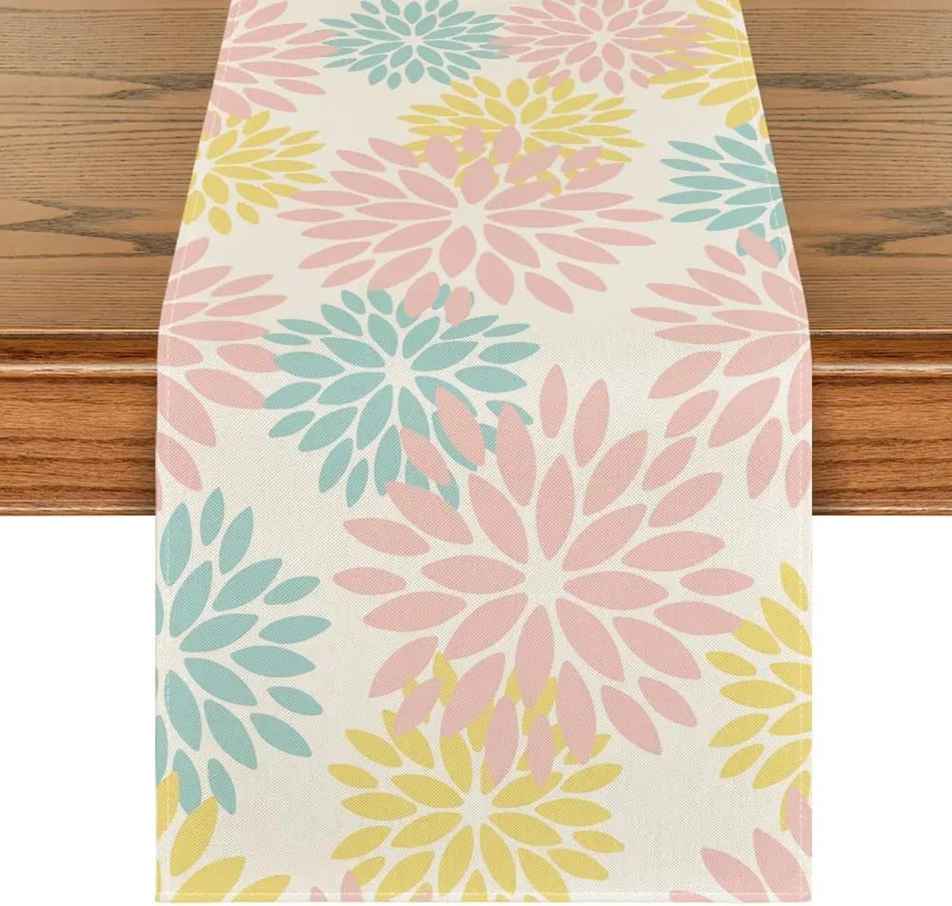 Blue Dahlia Floral Linen Table Runner Decor 9