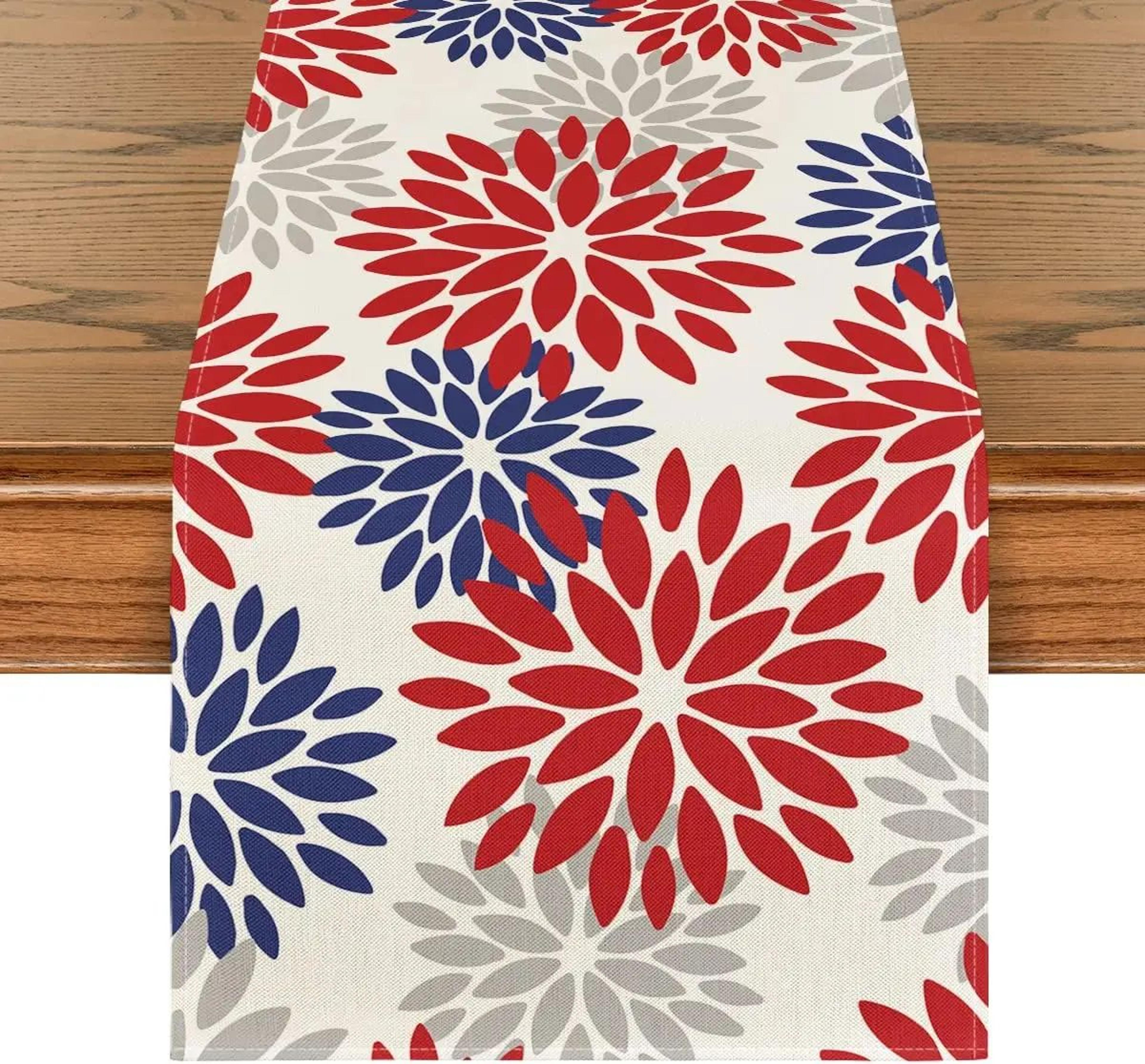 Blue Dahlia Floral Linen Table Runner Decor 10