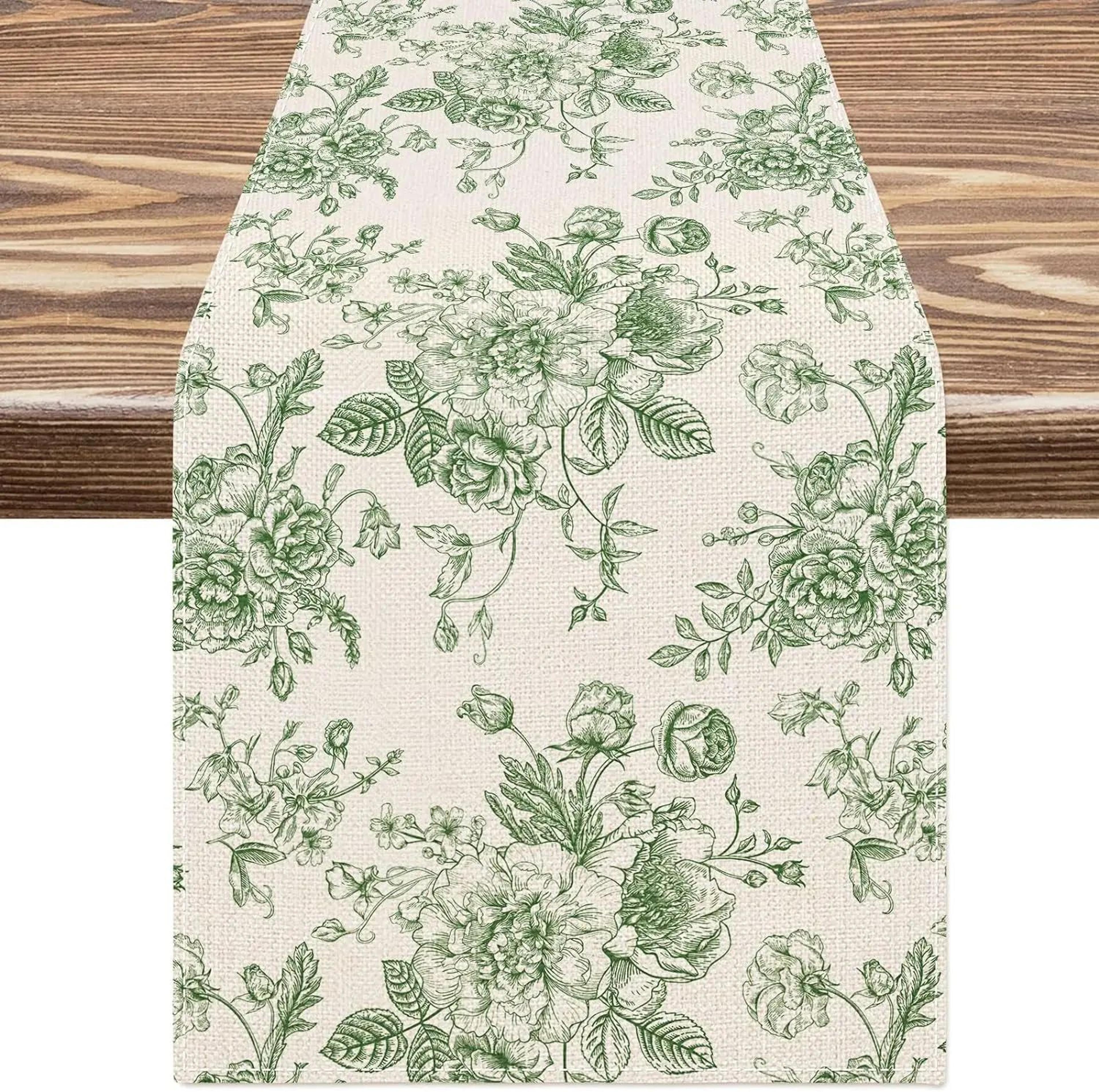 Chinoiserie Blue Floral Linen Table Runner 6