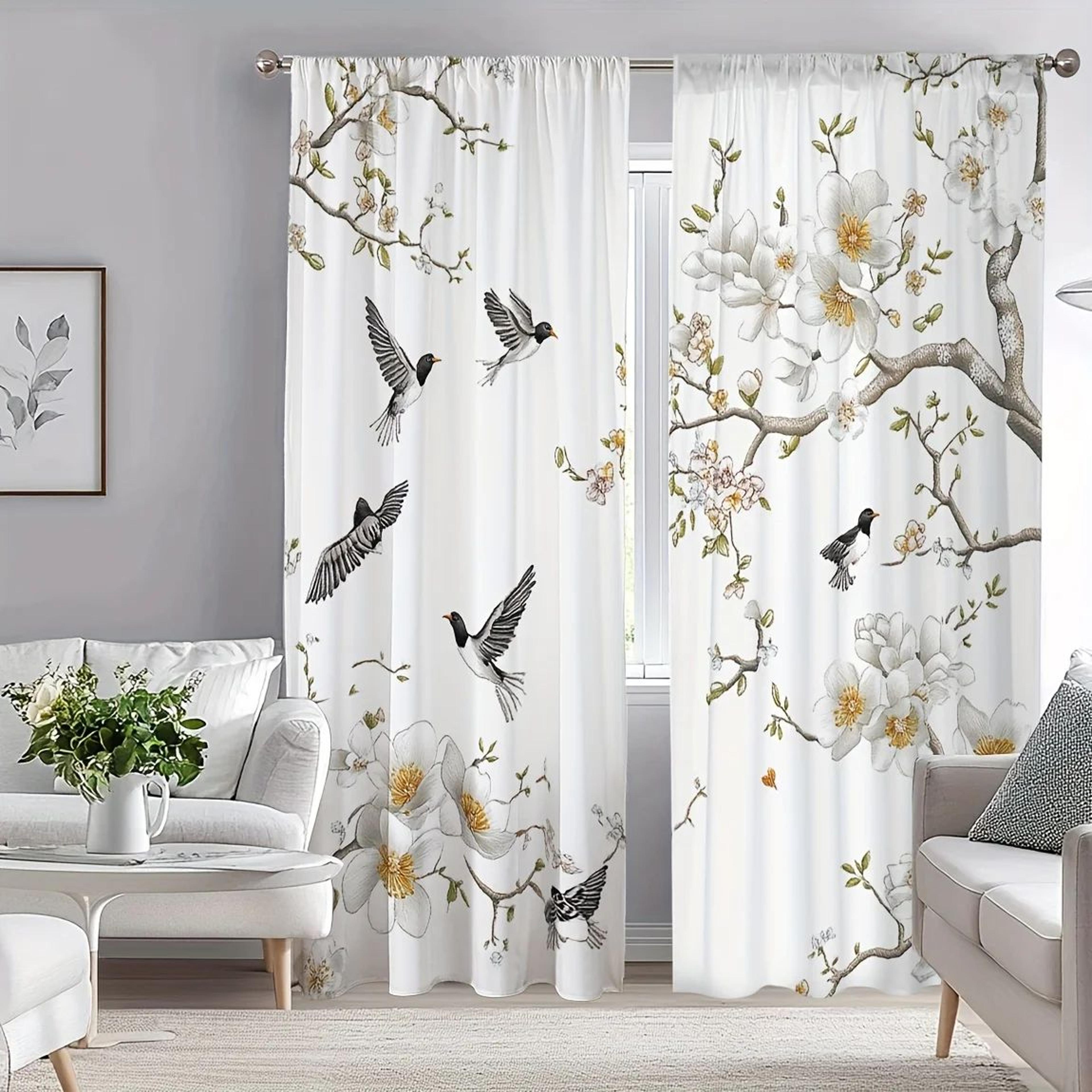 Floral Bird Print Polyester Curtain Set 2