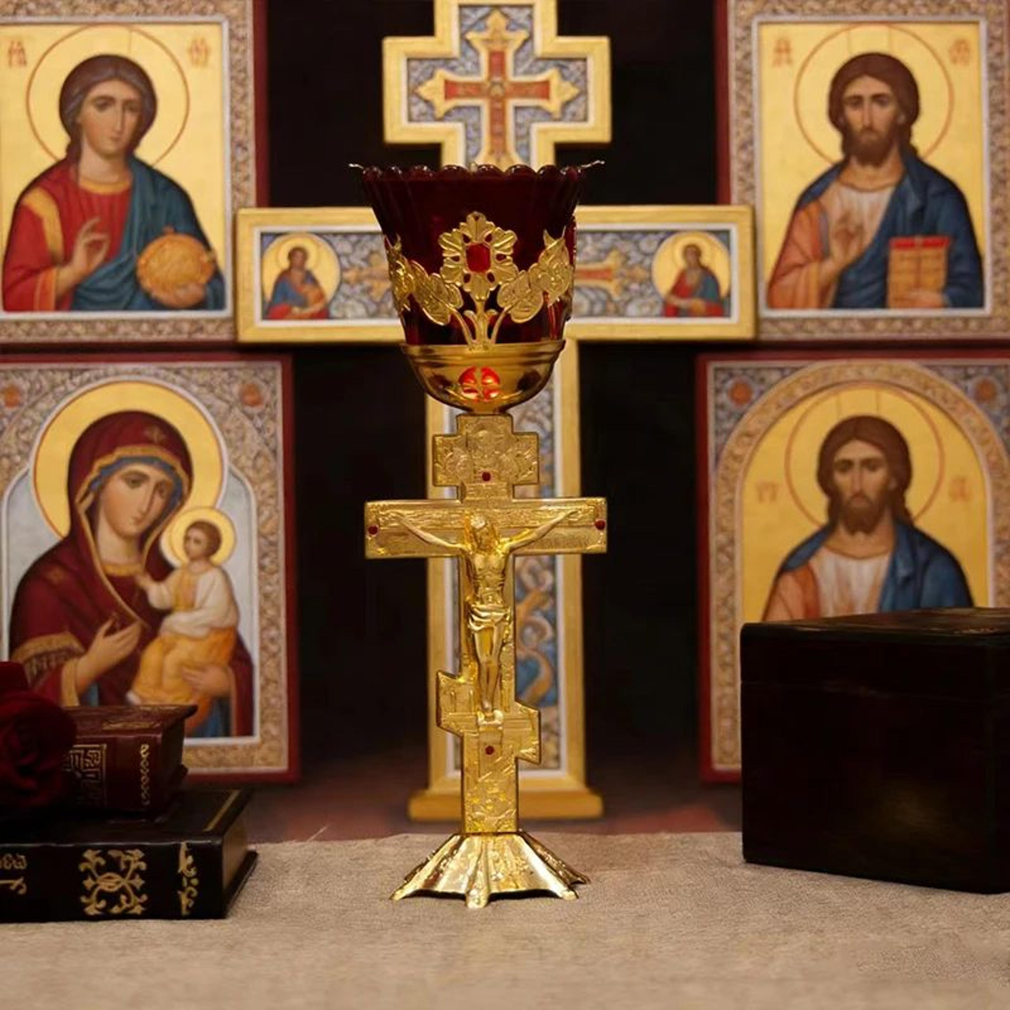Gold Plated Orthodox Standing Cross Vigil Lamp With Red Glass Shade 1