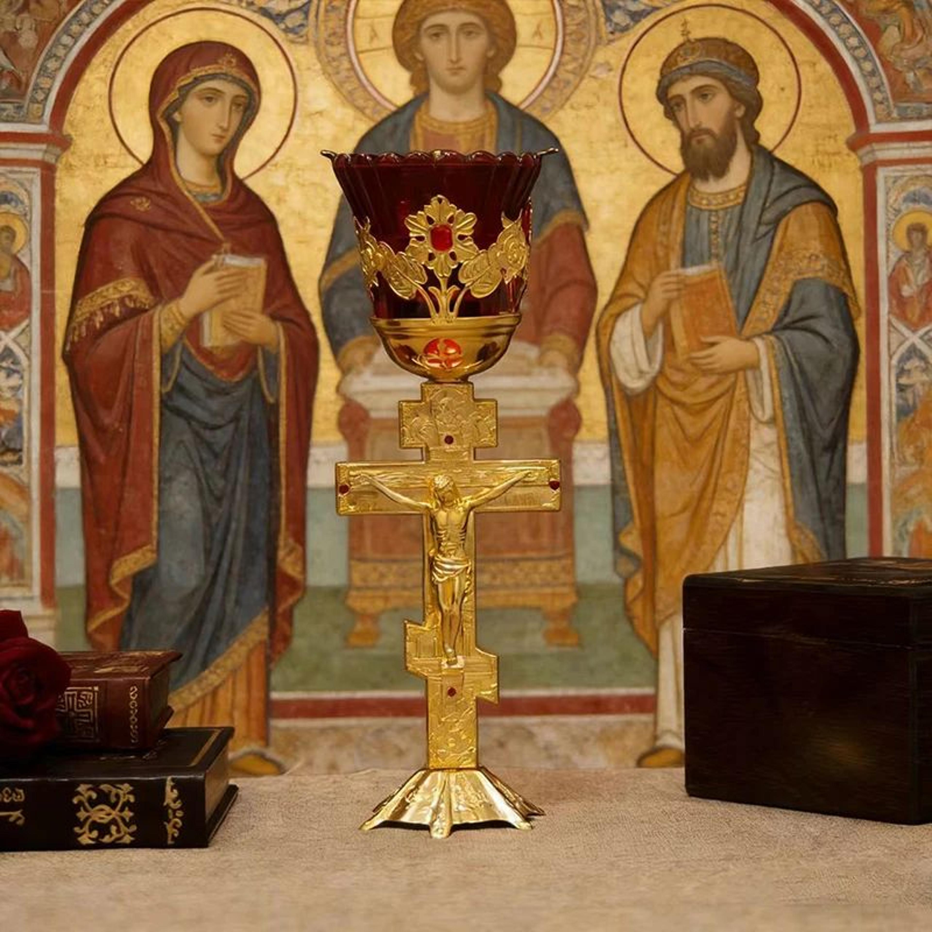 Gold Plated Orthodox Standing Cross Vigil Lamp With Red Glass Shade 4