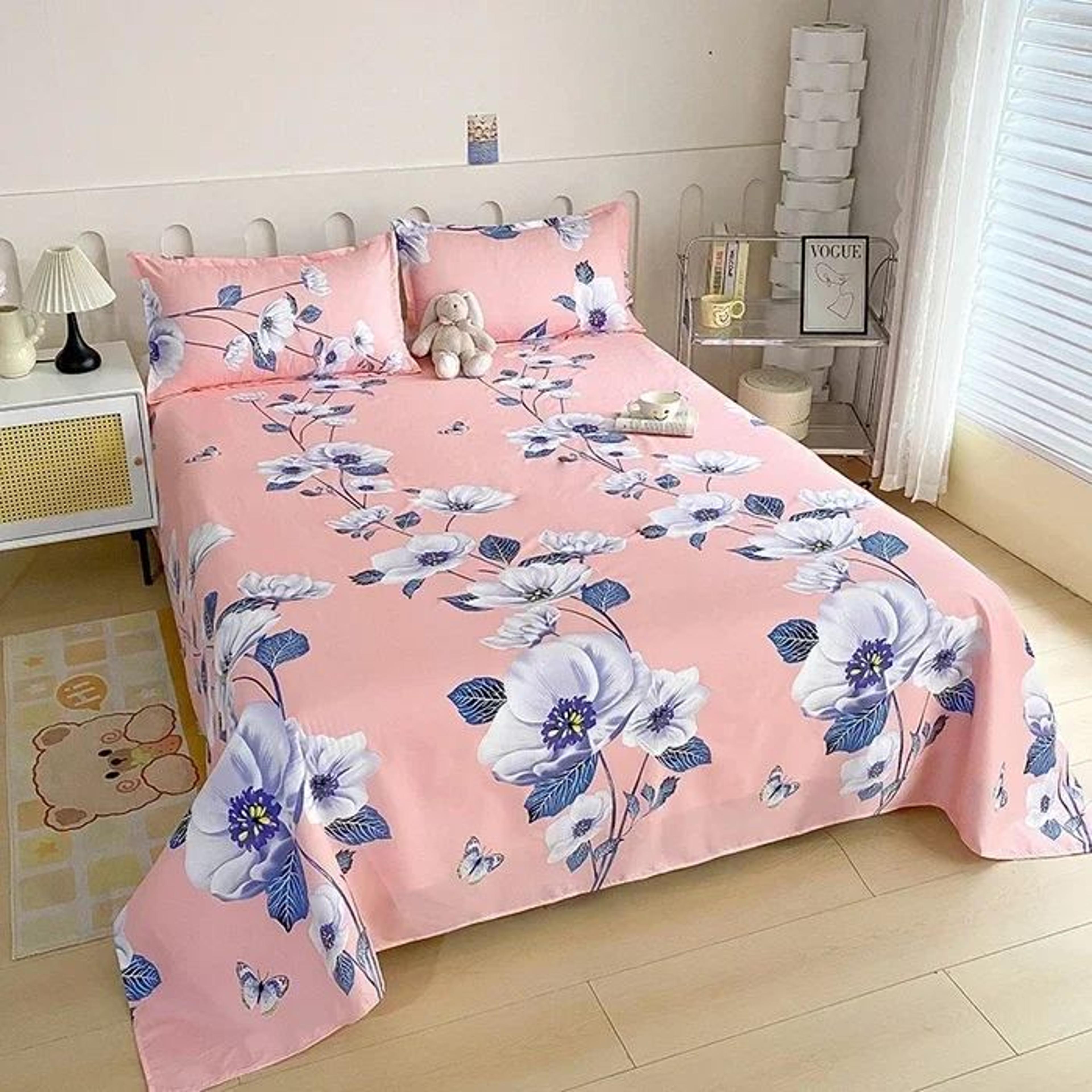 Red Floral Printed Flat Bed Sheet For Single Double Queen And King Beds 11