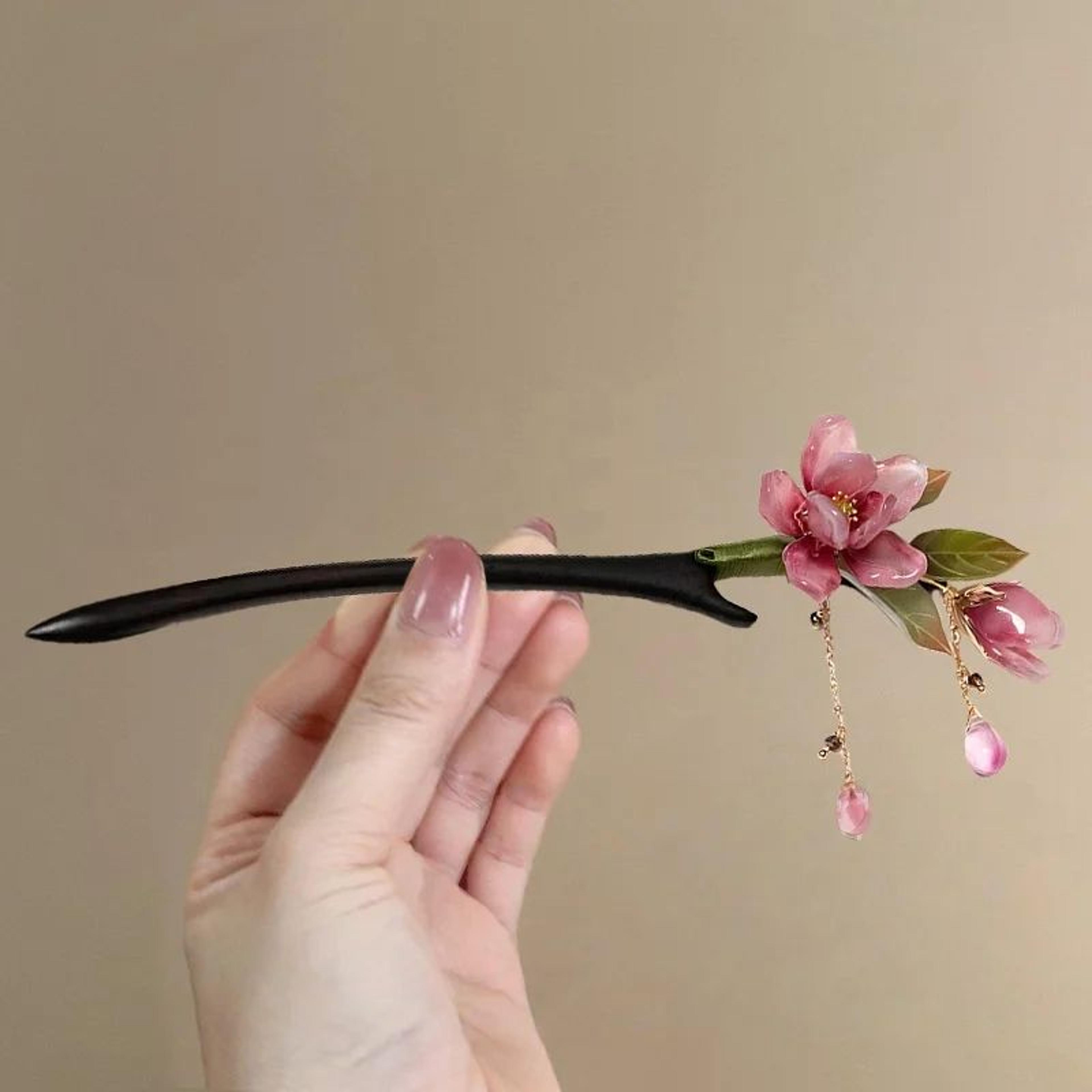 Elegant Floral Hair Stick With Pink Flower Tassel 2
