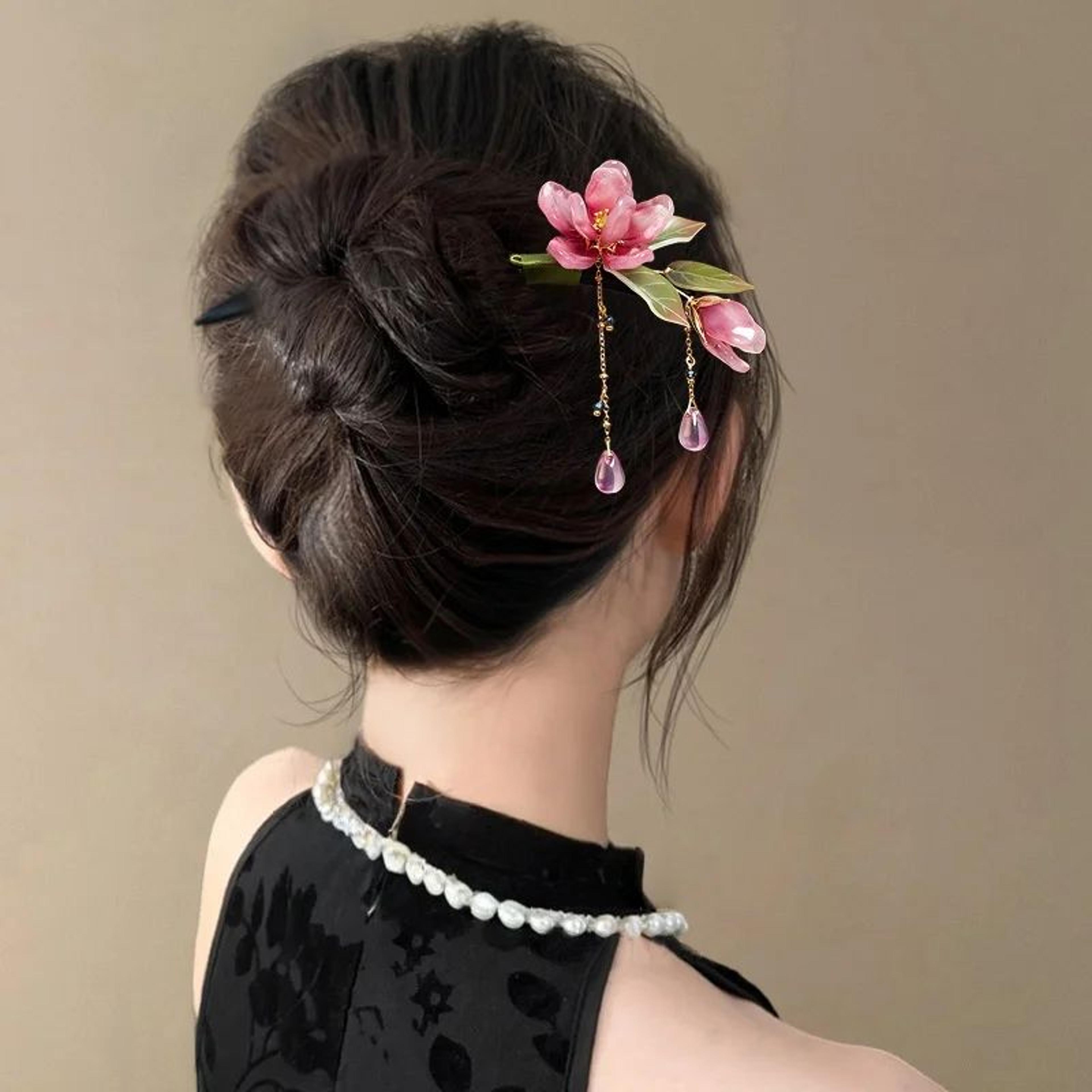 Elegant Floral Hair Stick With Pink Flower Tassel 3
