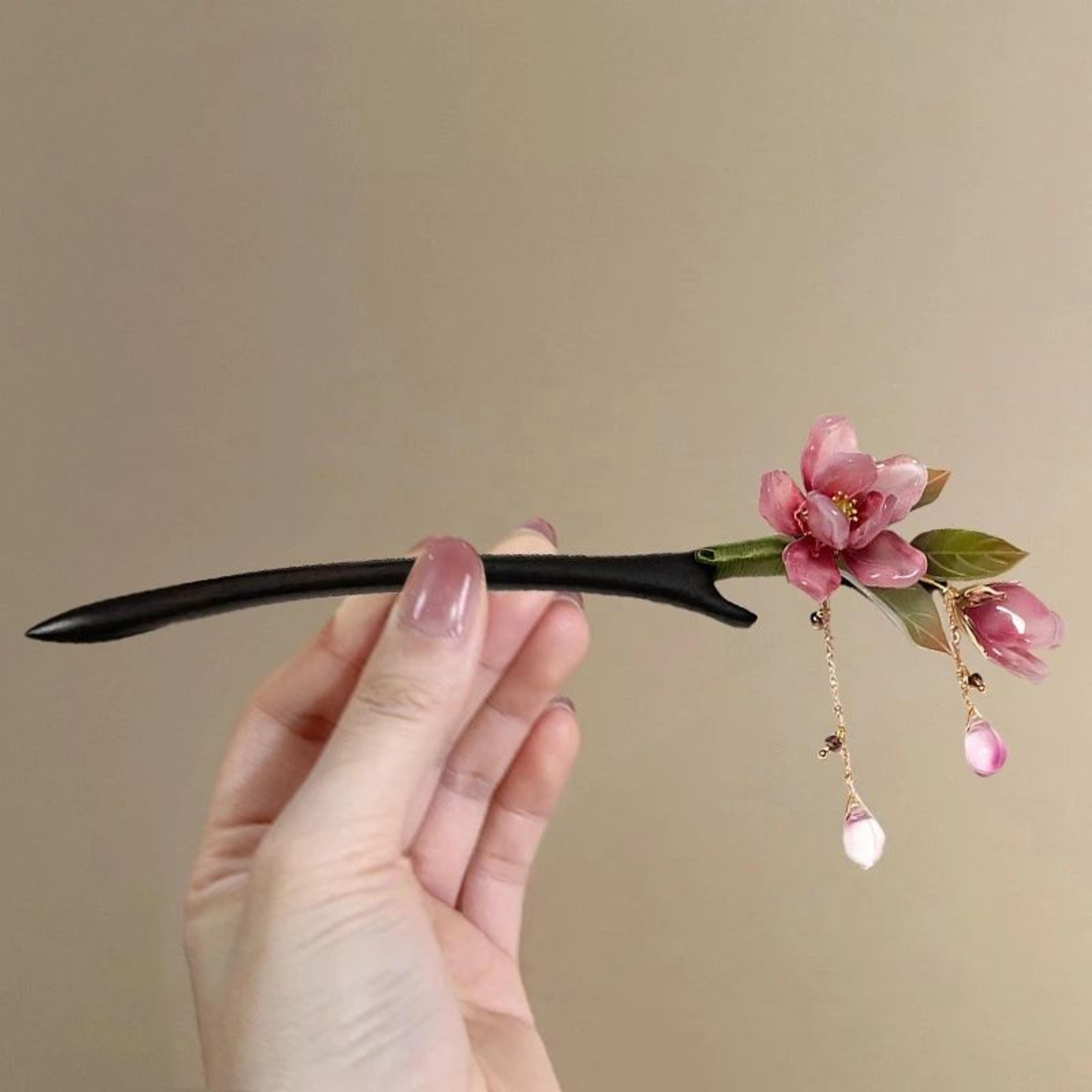 Elegant Floral Hair Stick With Pink Flower Tassel 4