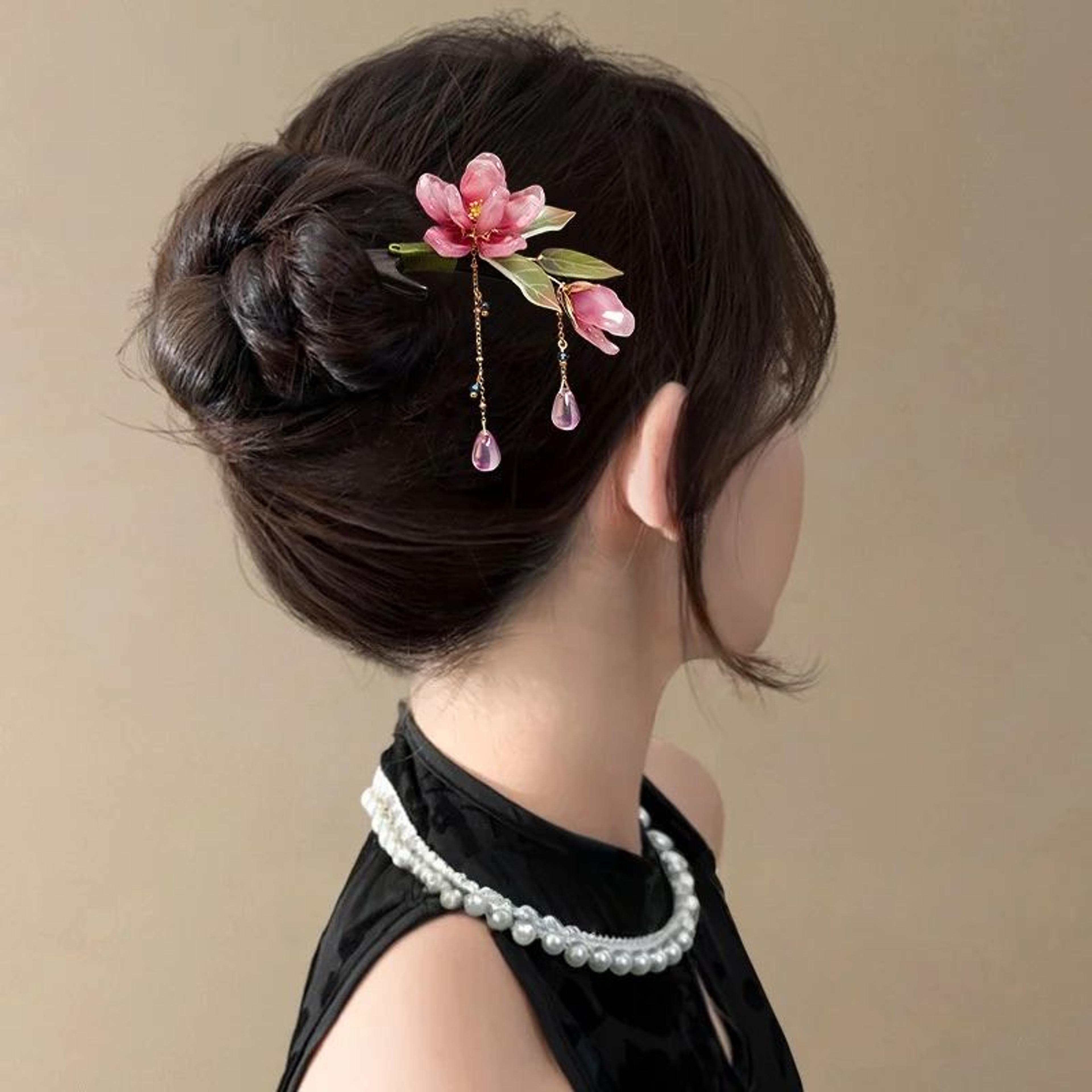 Elegant Floral Hair Stick With Pink Flower Tassel 1