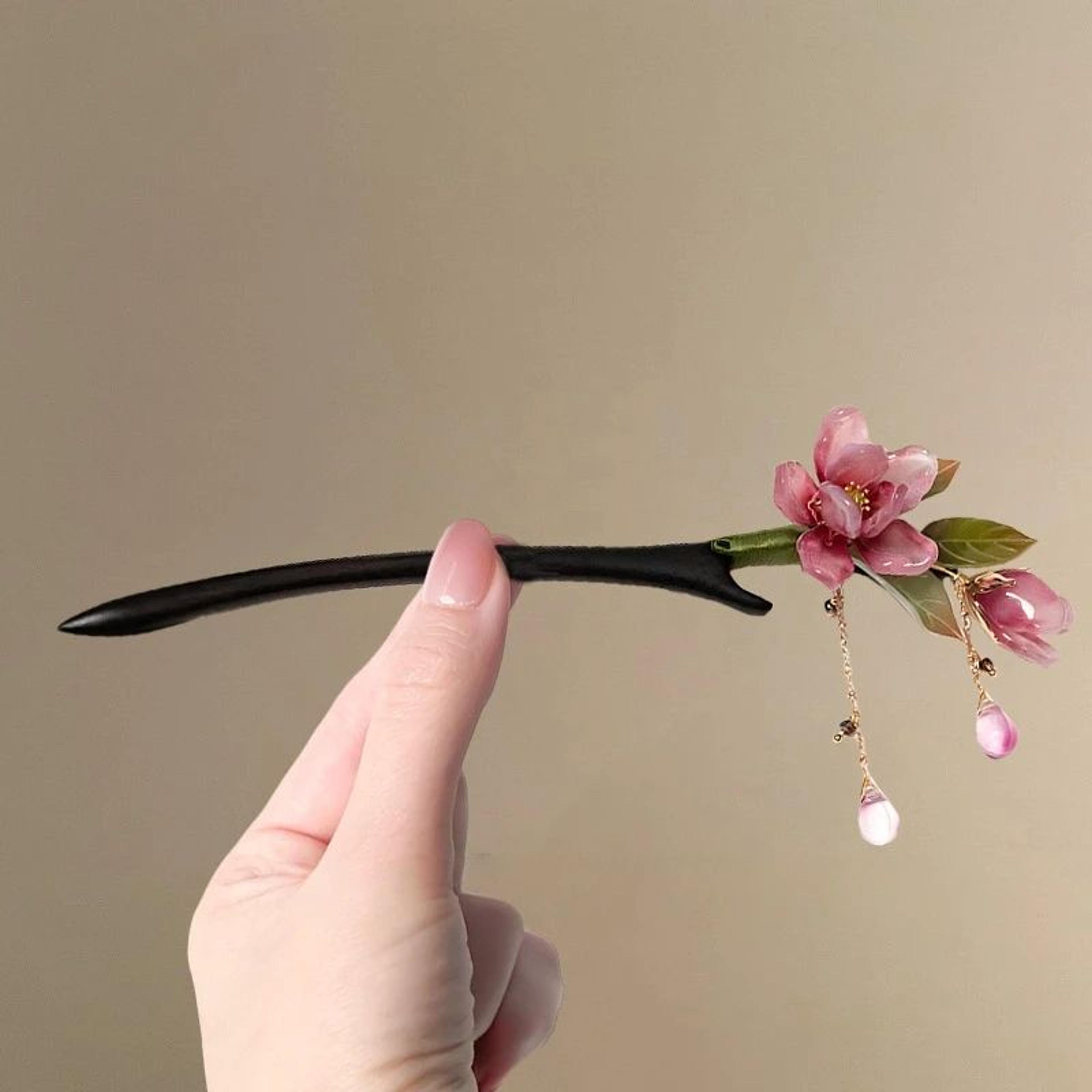 Elegant Floral Hair Stick With Pink Flower Tassel 5