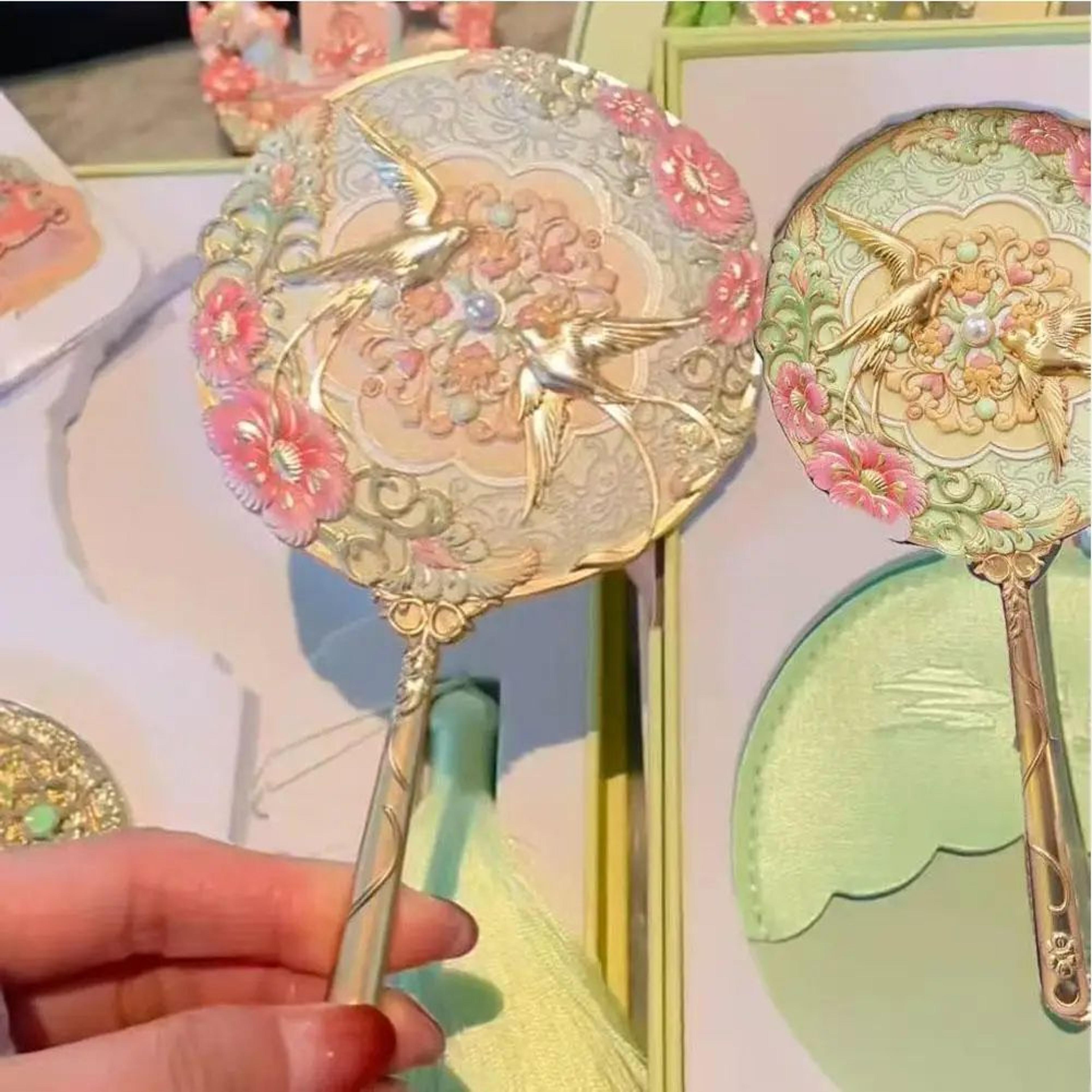 Vintage Chinese Peony Flower Handheld Pocket Makeup Mirror 3