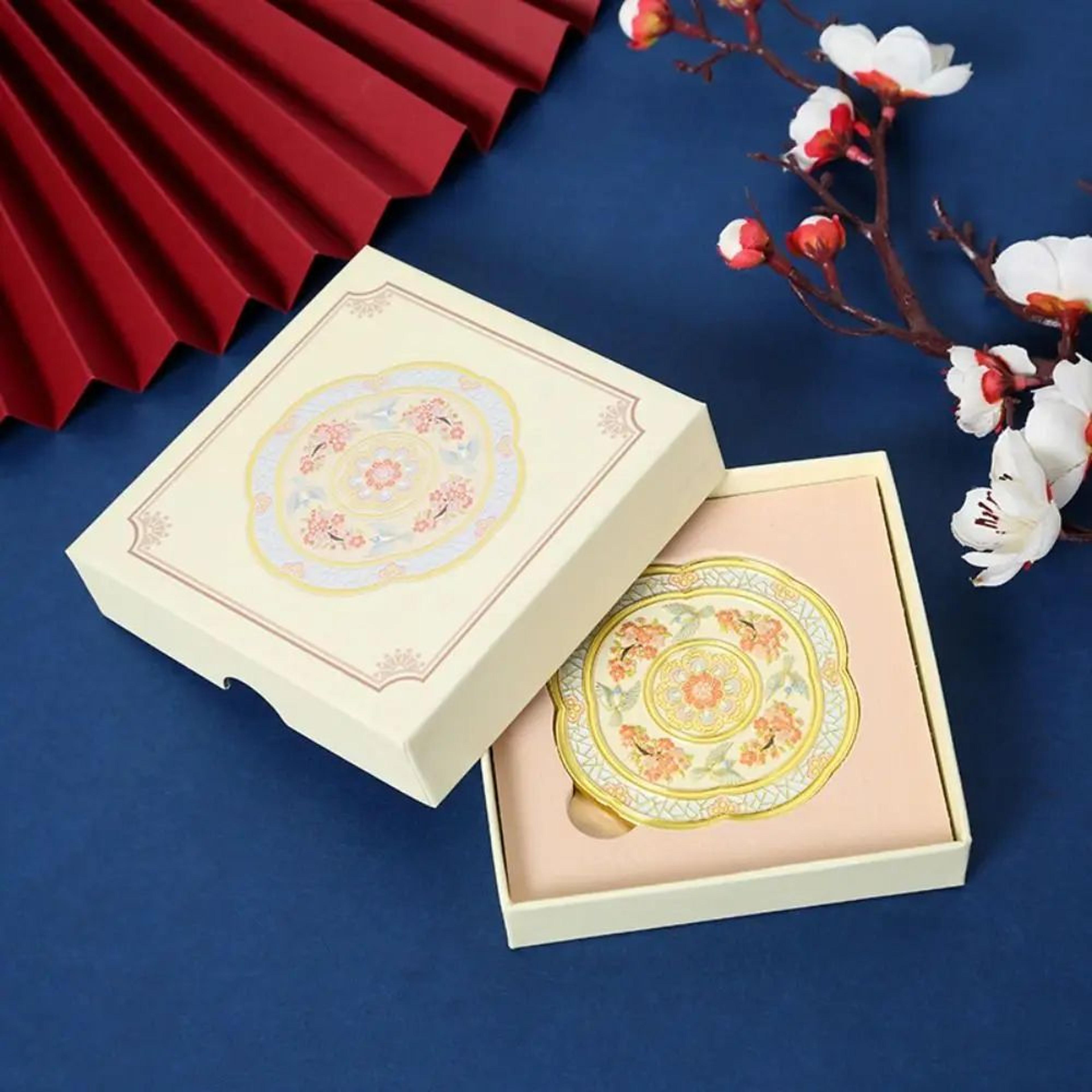 Chinese Style Embossed Floral Handheld Pocket Makeup Mirror 5