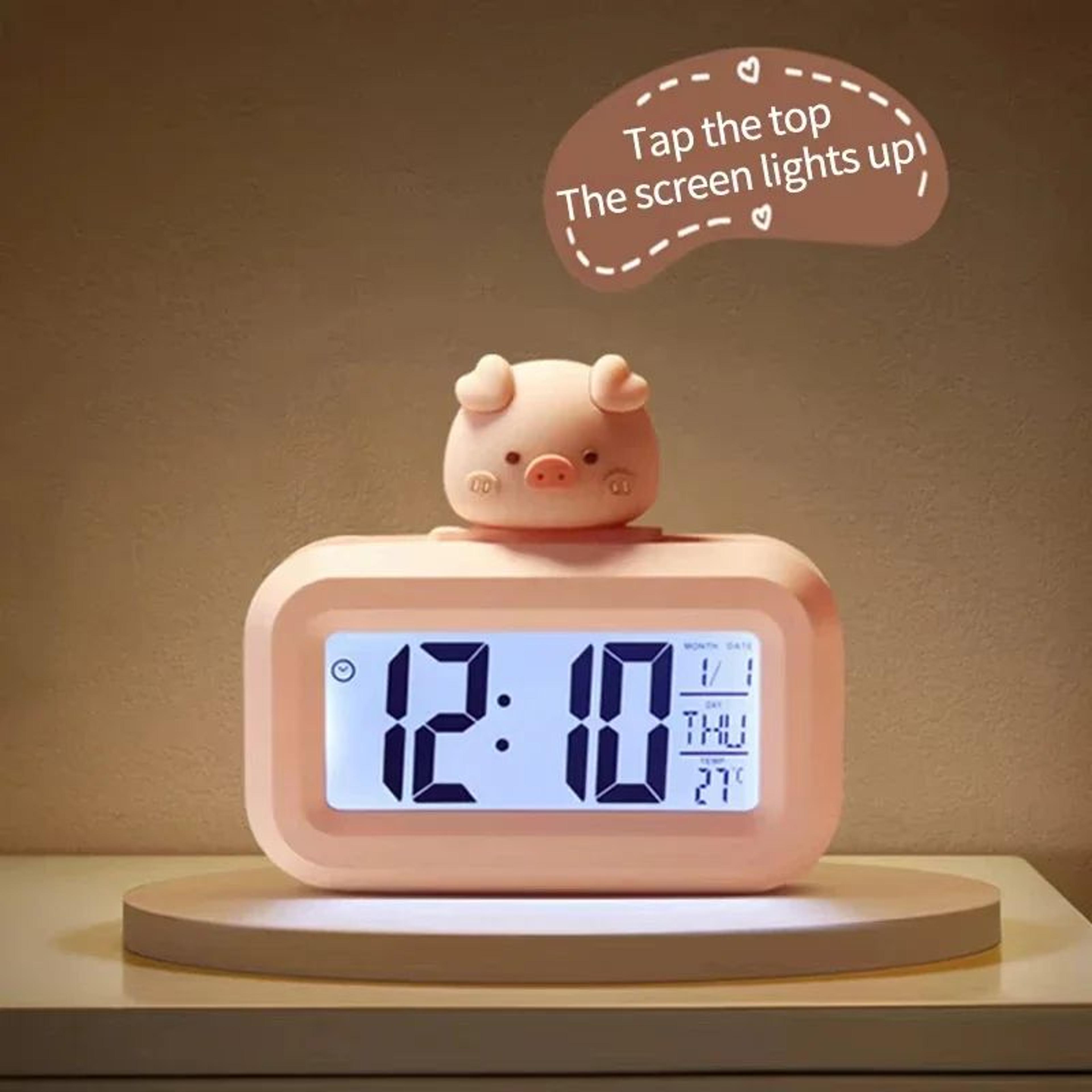 kawaii pig led digital alarm clock with night light