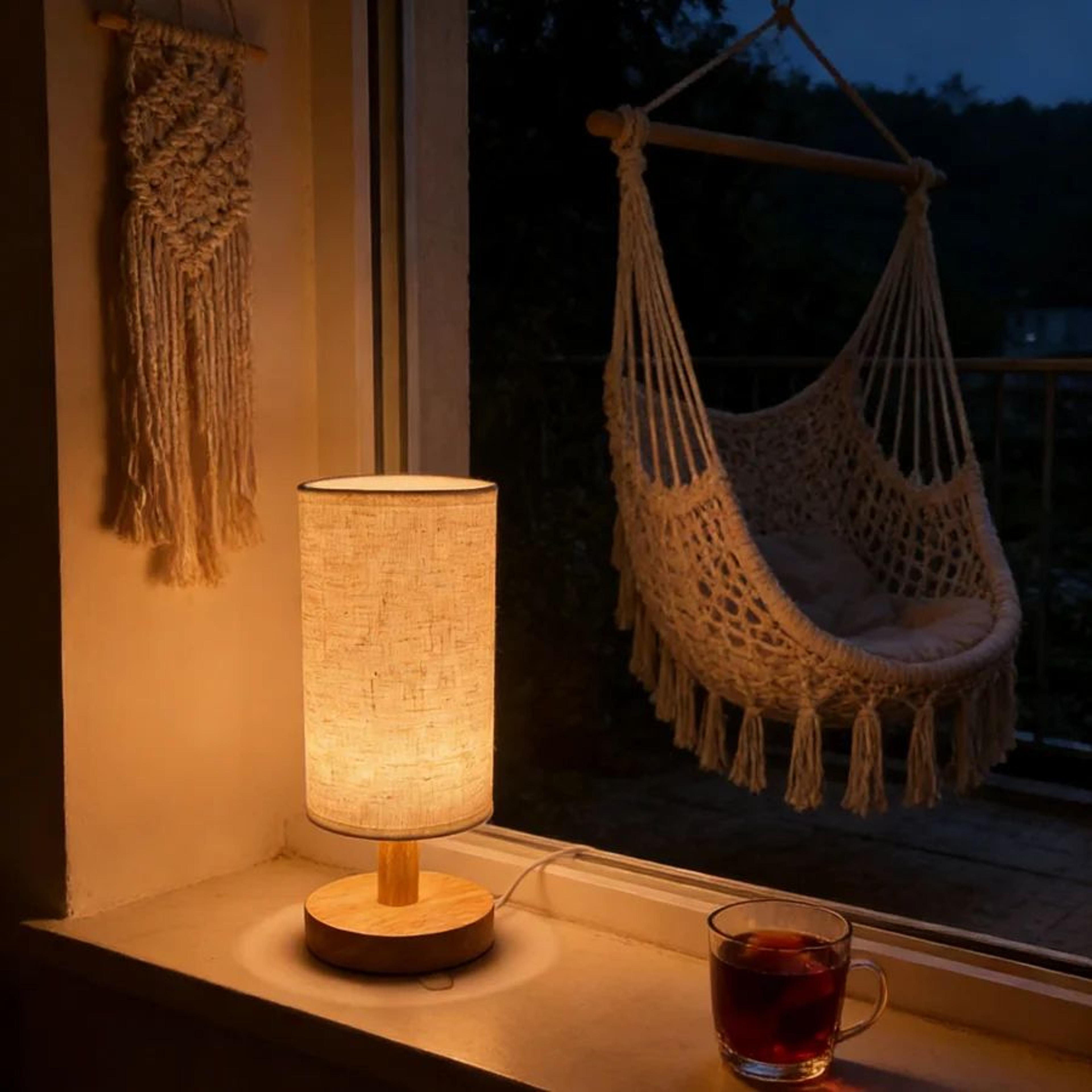 Cozy Wooden Bedside Table Lamp With Linen Shade And Warm LED Light 3