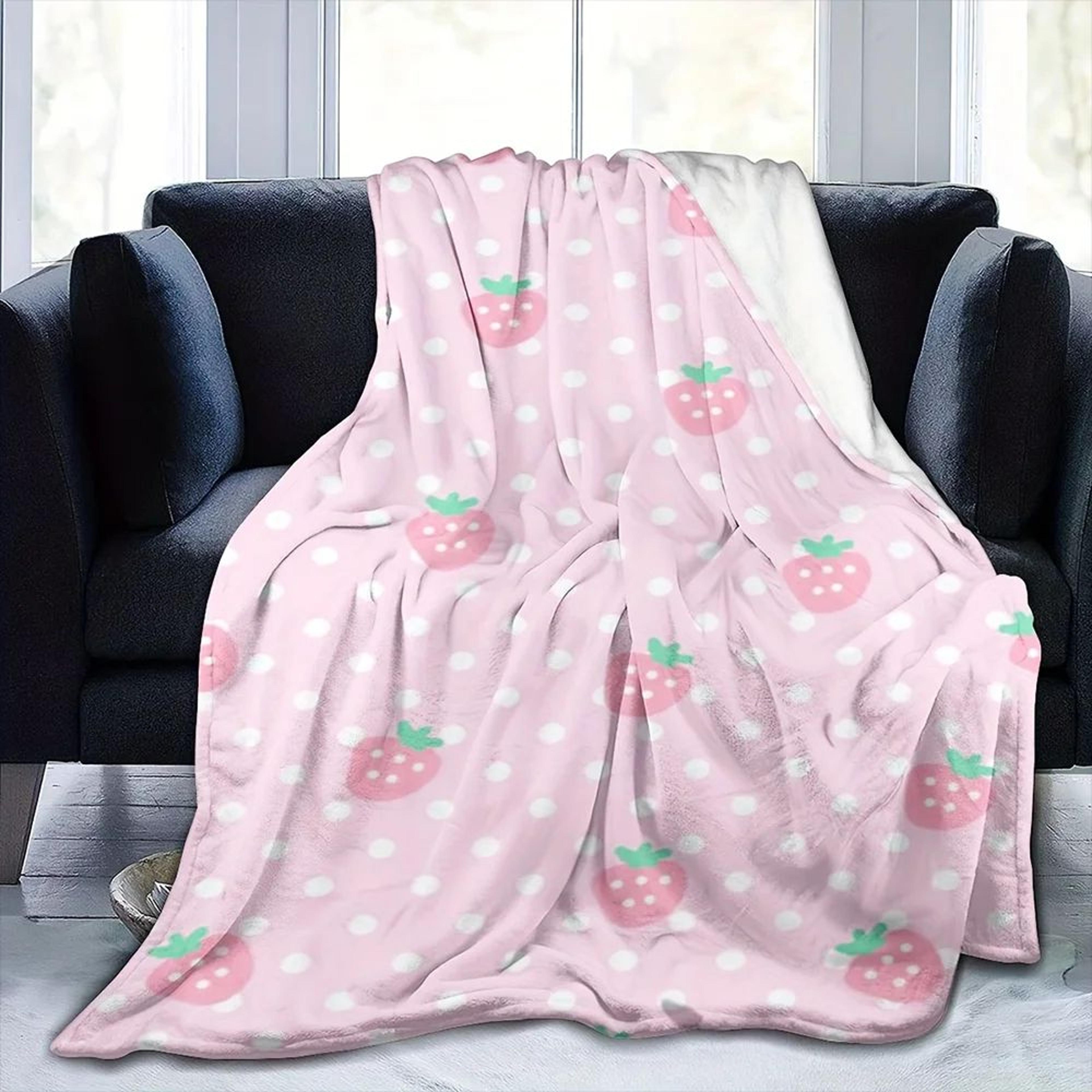 Pink Strawberry Polka Dot Soft Flannel Throw Blanket 2