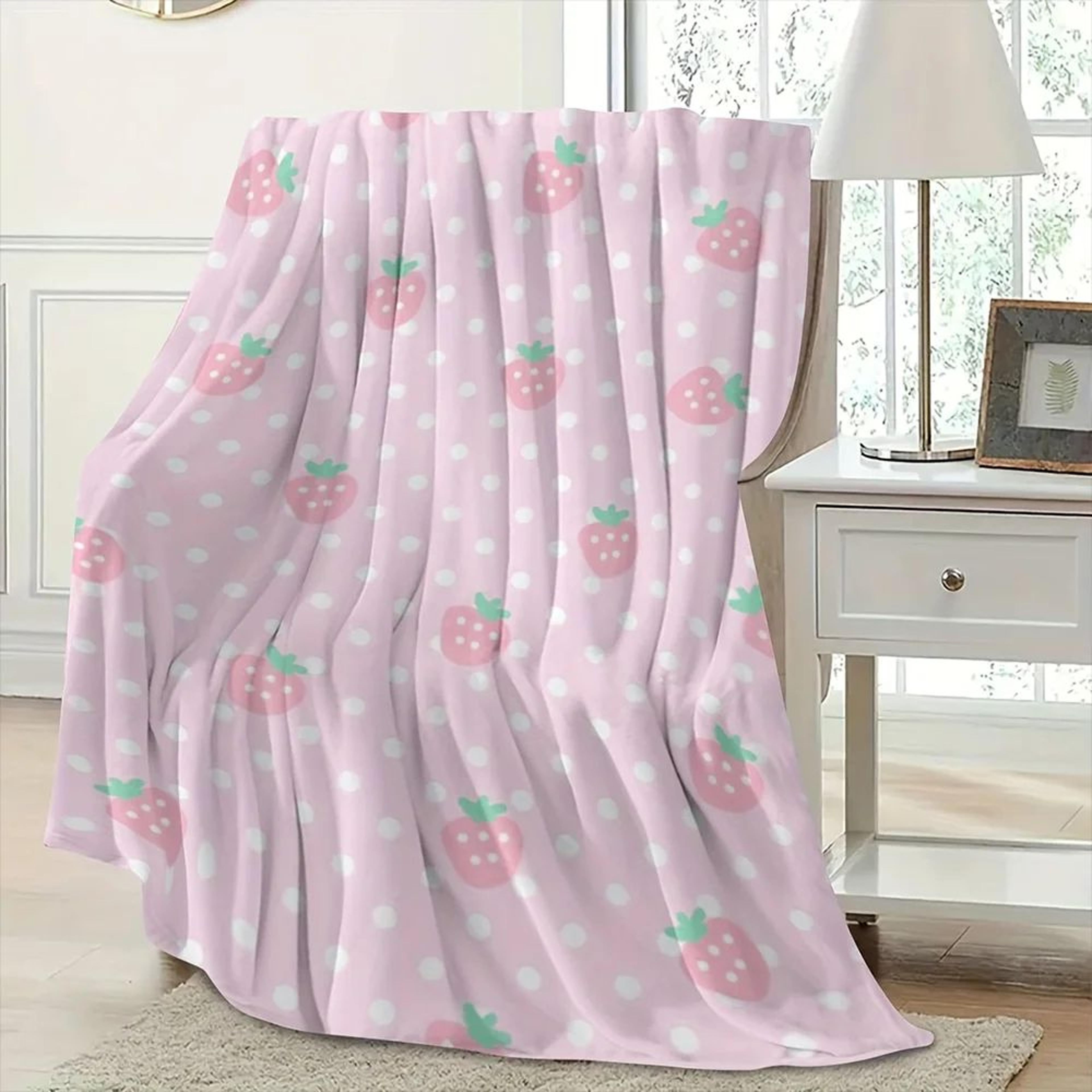 Pink Strawberry Polka Dot Soft Flannel Throw Blanket 4