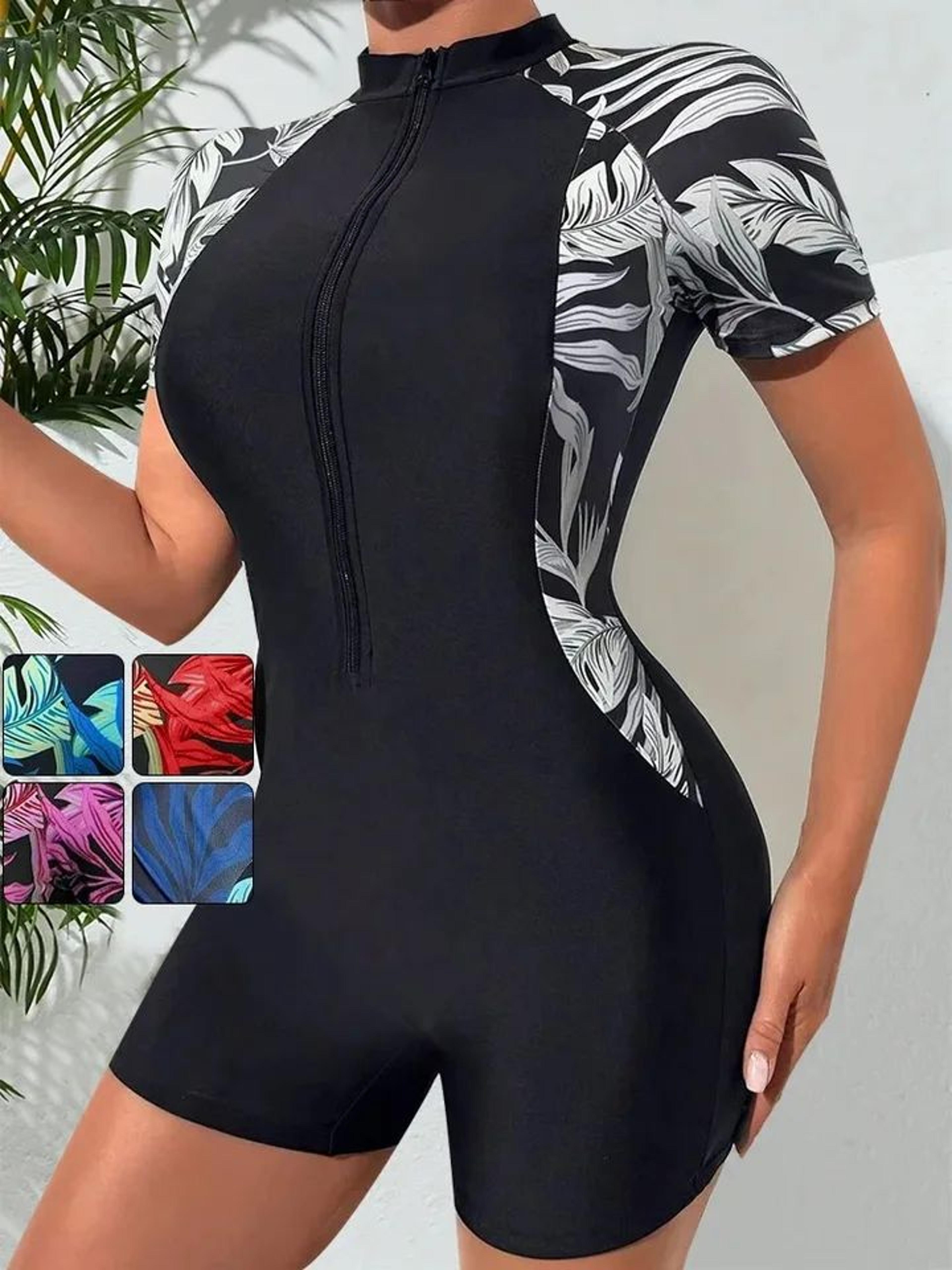 womens tropical print zip front short sleeve one piece swimsuit