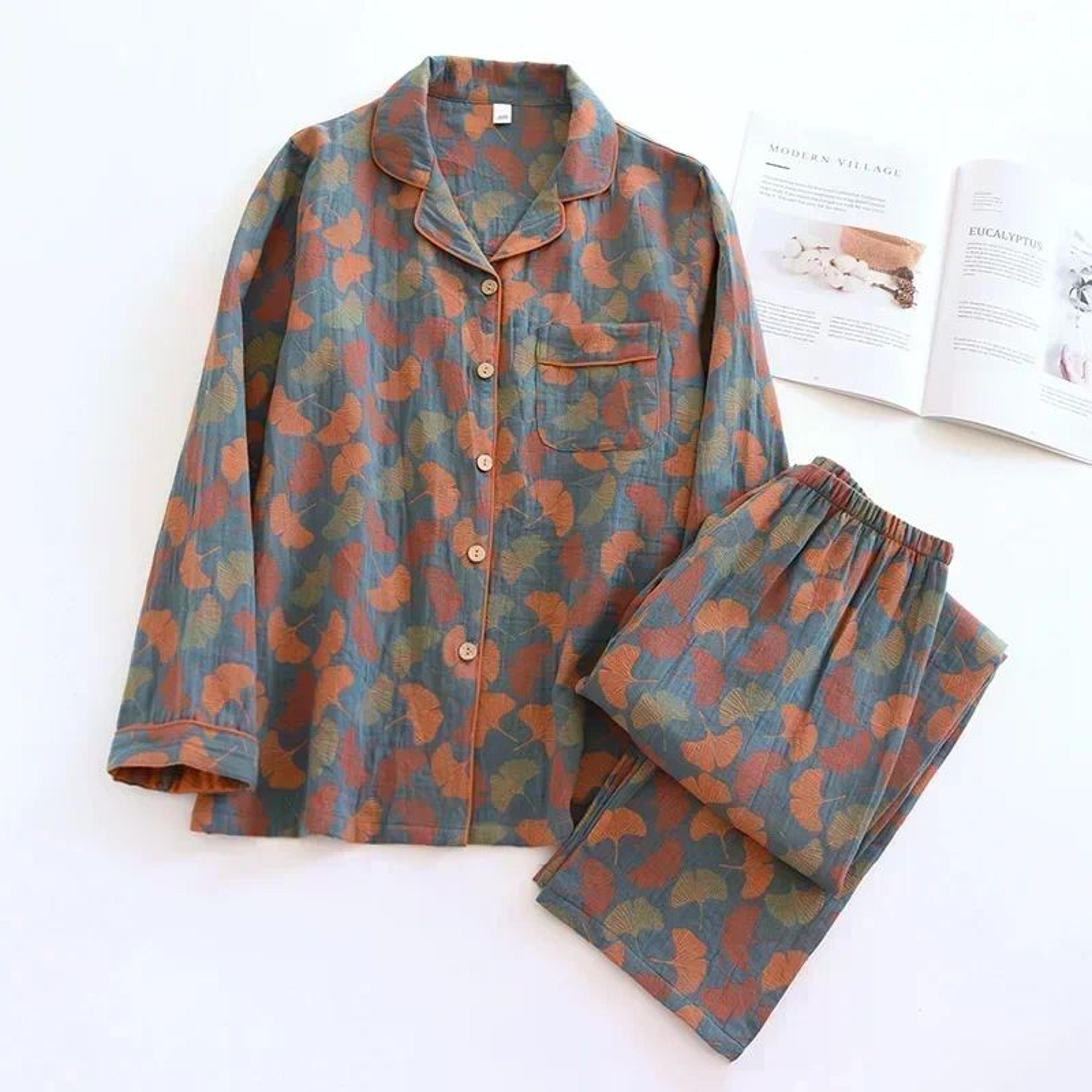 women cotton crepe pajama set with floral leaf print