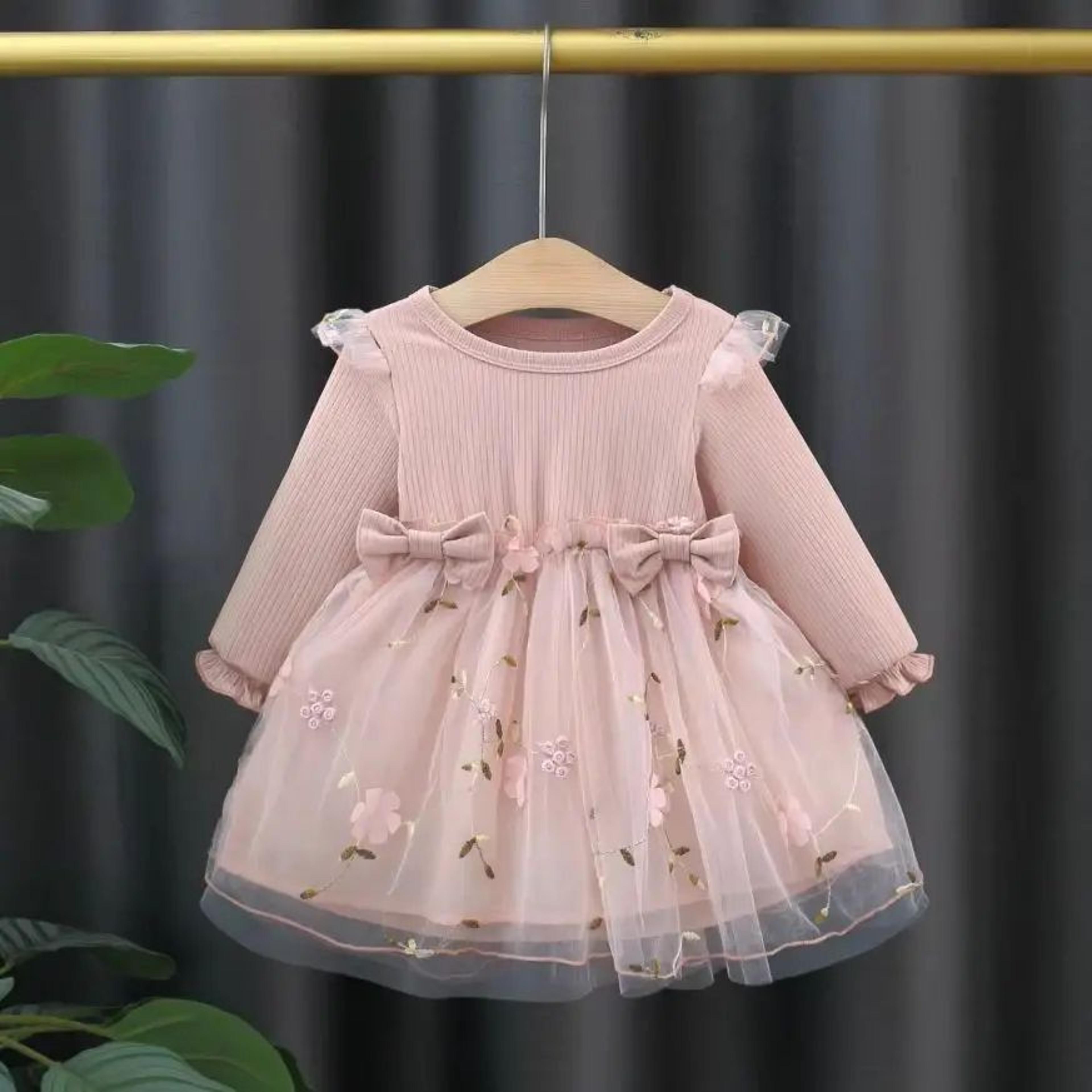 baby girl pink knit dress with flower embroidery and long sleeves
