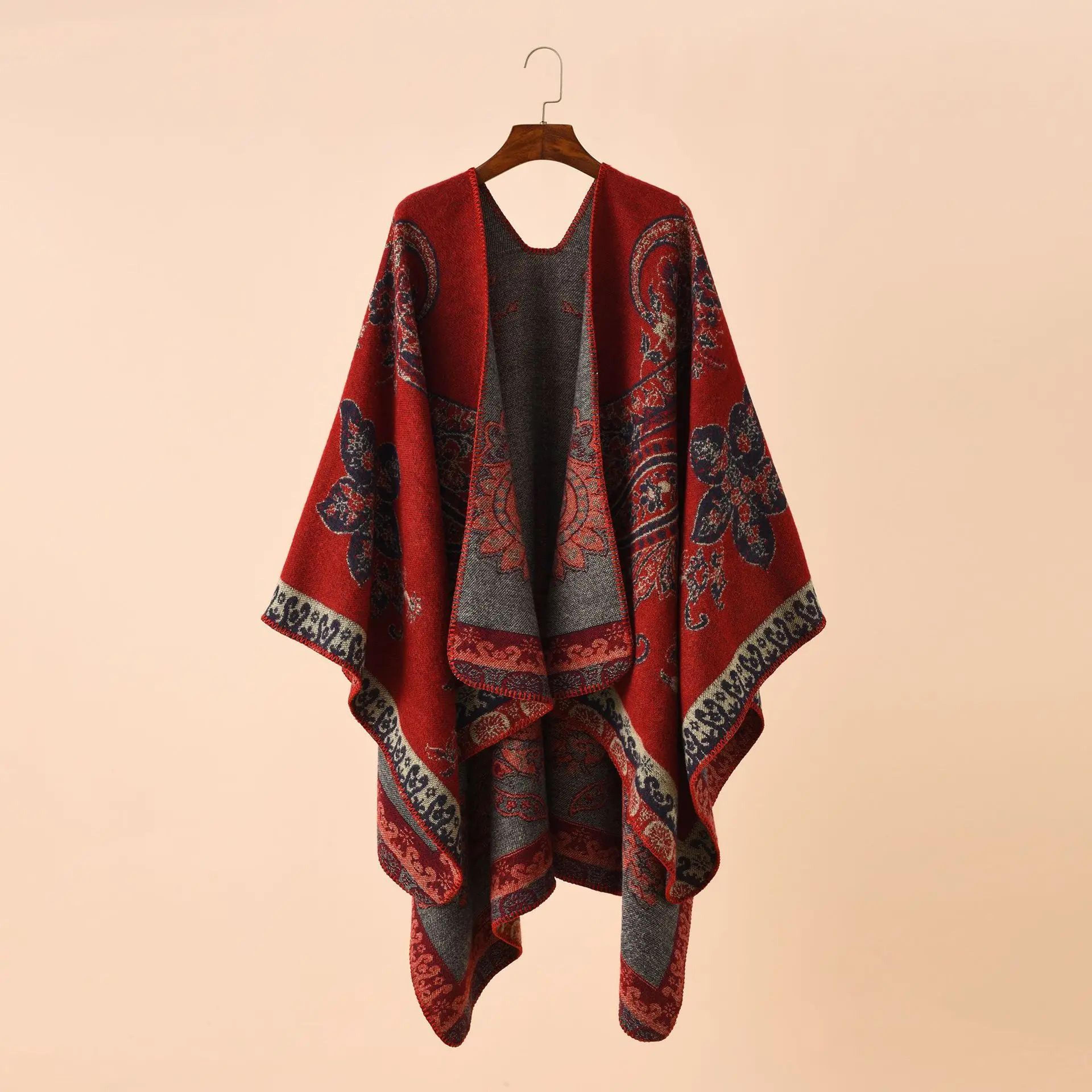 women red geometric floral faux cashmere poncho shawl