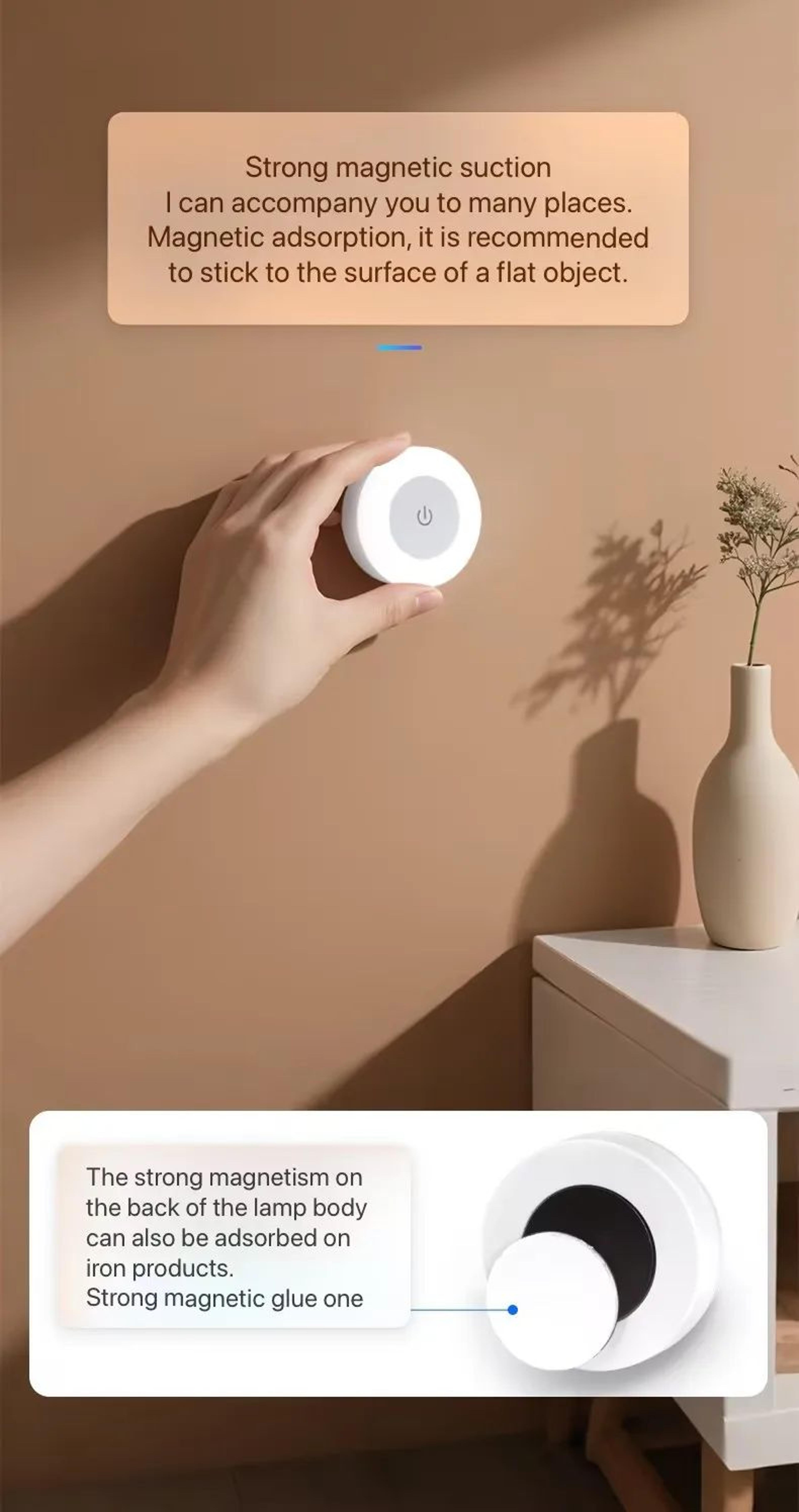 usb rechargeable round led night light with touch control and magnetic mount
