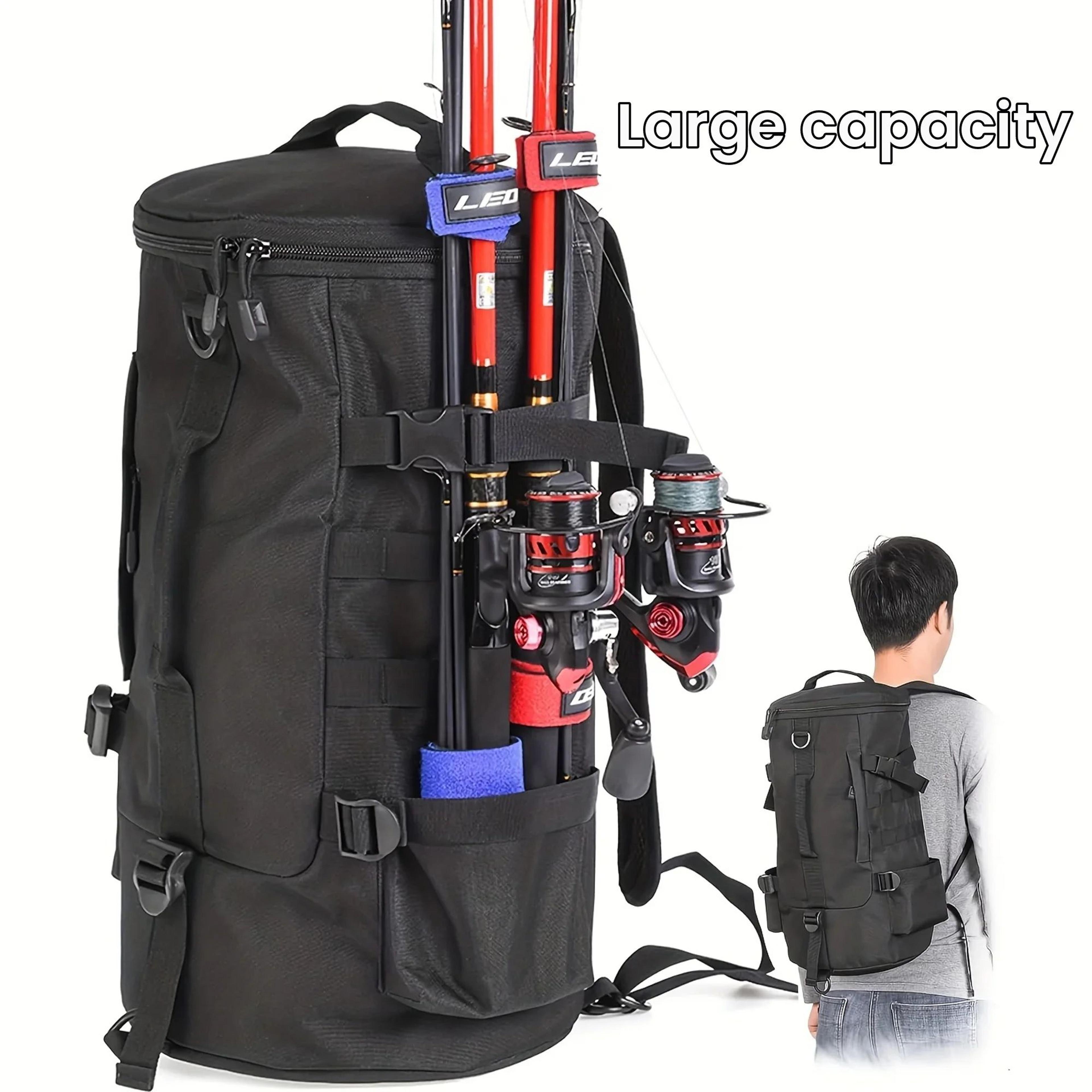 large capacity fishing tackle backpack with rod holder