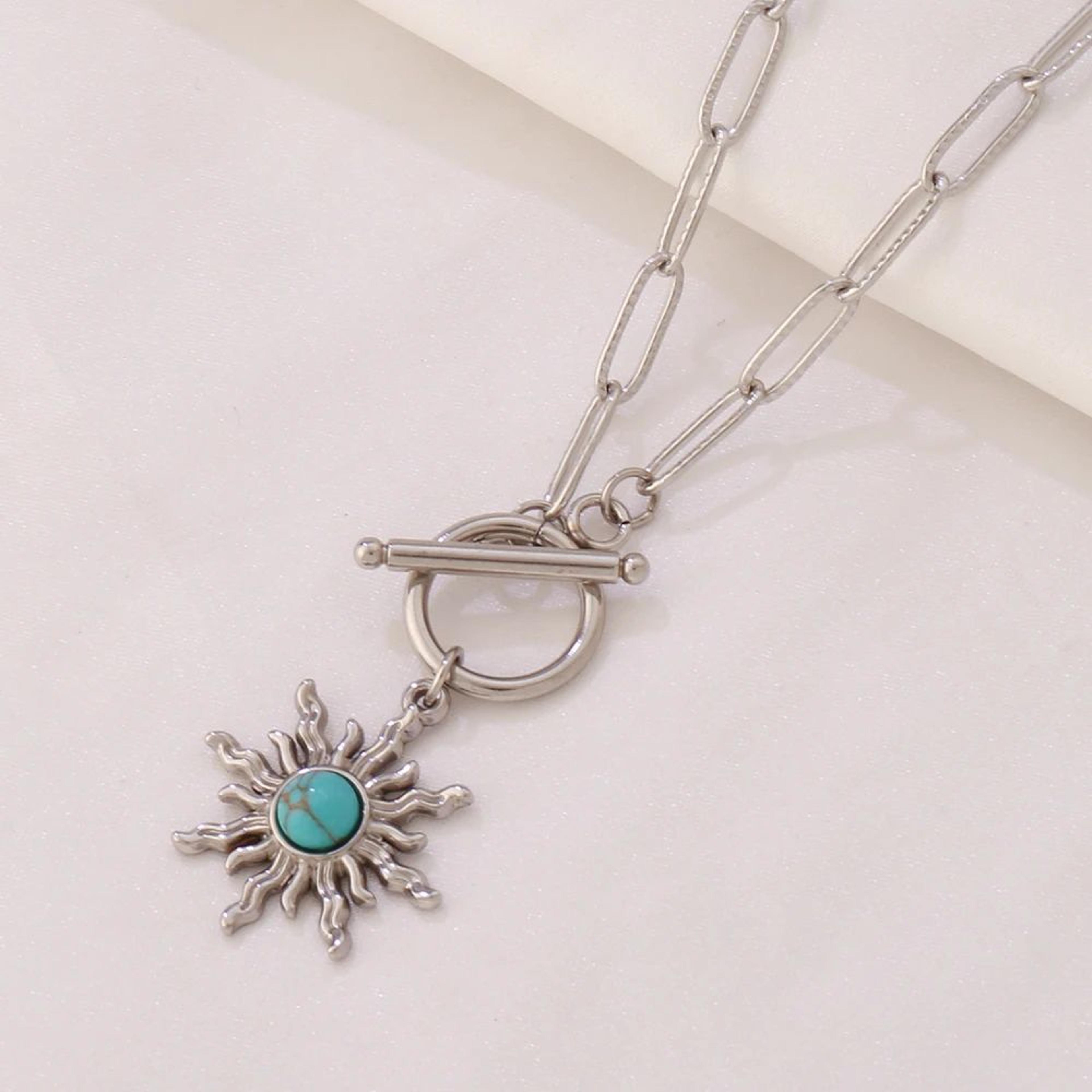 Gold Color Sun Pendant Necklace With Turquoise Accent For Women 1
