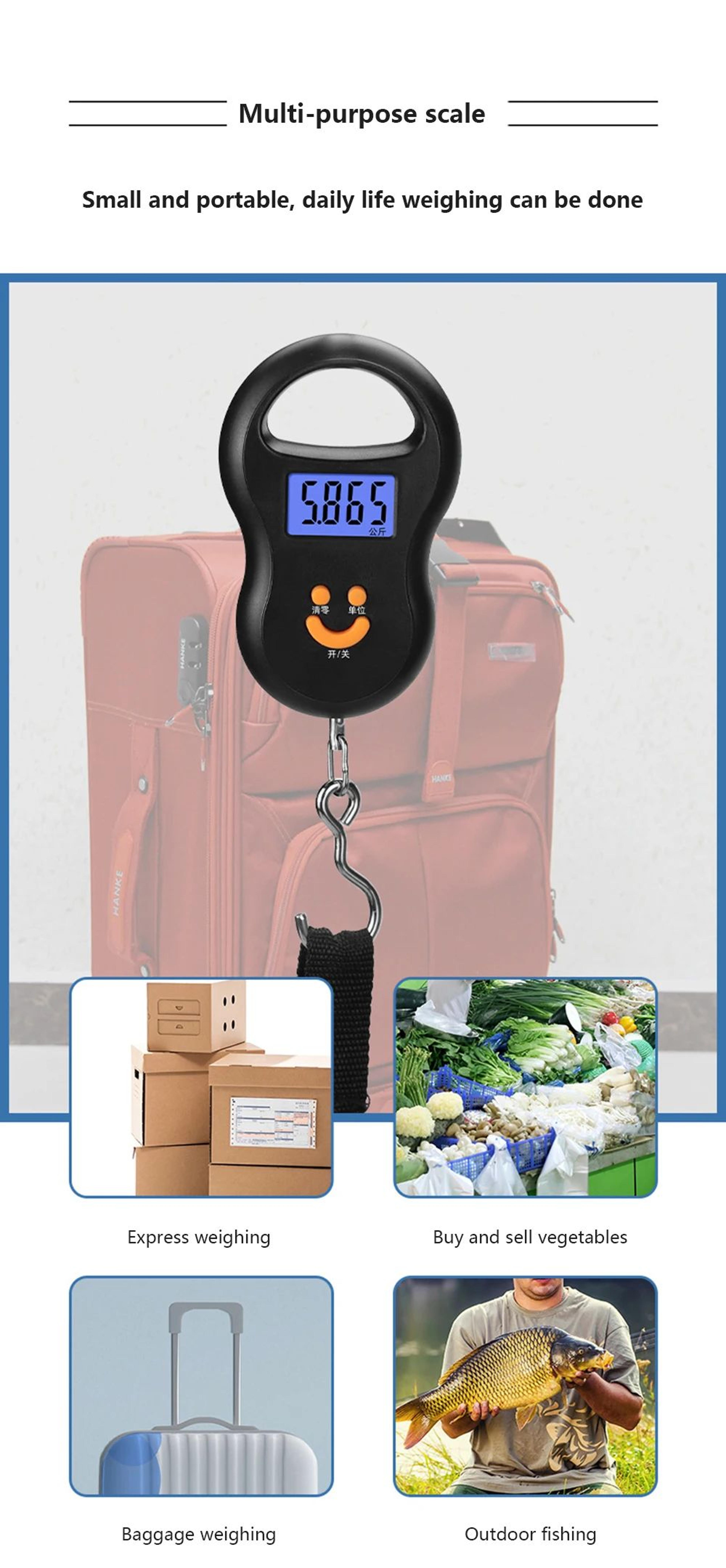 50kg Digital Hanging Scale With Backlit LCD For Luggage And Fishing 7